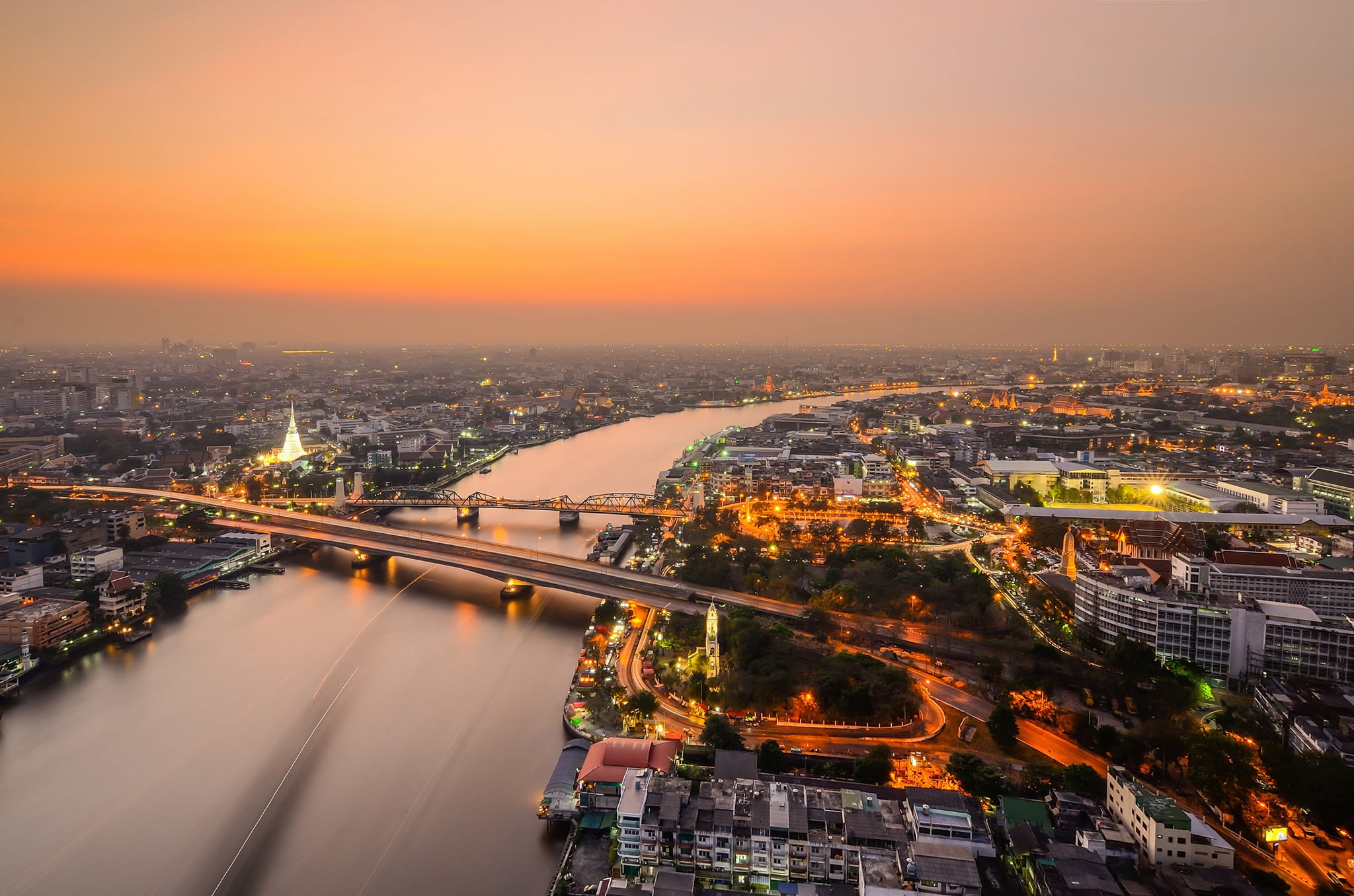panorama, Bangkok, the city, view, 1080P, the evening, bridge, Thailand, Chao Phraya, river, HD Wallpaper