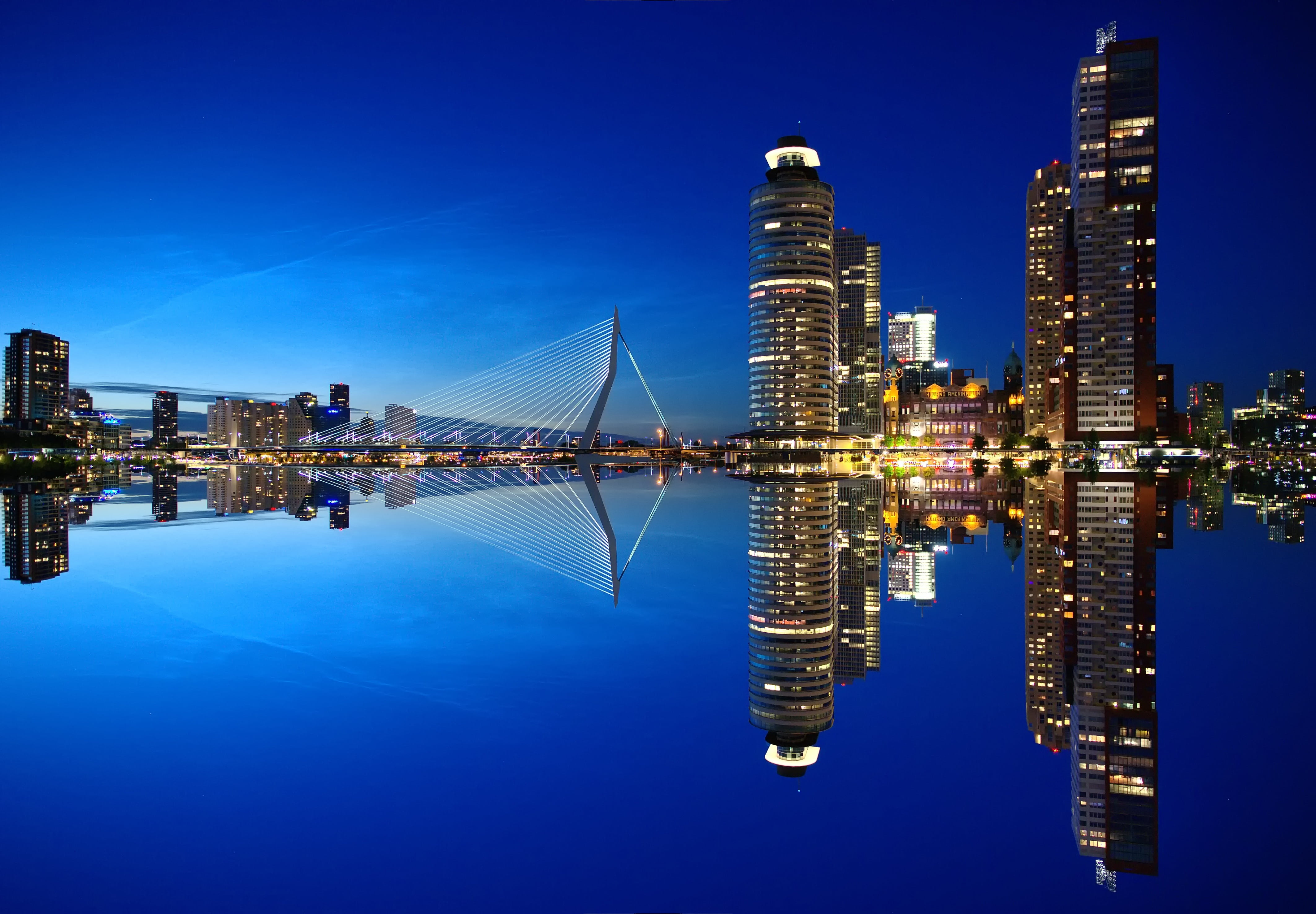 built structure, financial district, at night, architecture, skyscrapers, city, rotterdam, illuminated, travel destinations, night, cityscape, skyscraper, HD Wallpaper