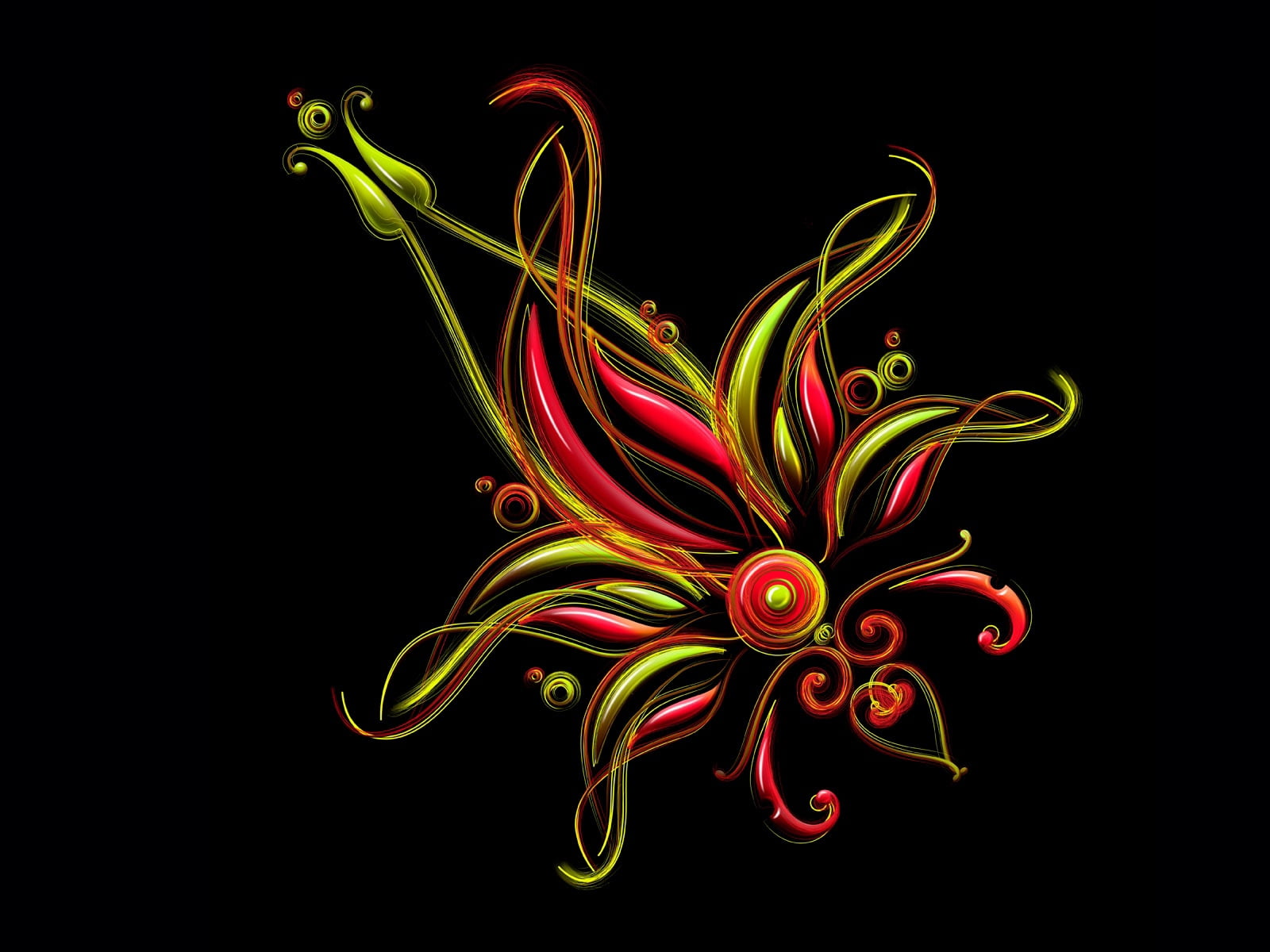 style, flower, green color, illustration, plant, curled Up, swirl, decoration, freshness, nature, black, dark background, yellow, leaf, black background, HD Wallpaper