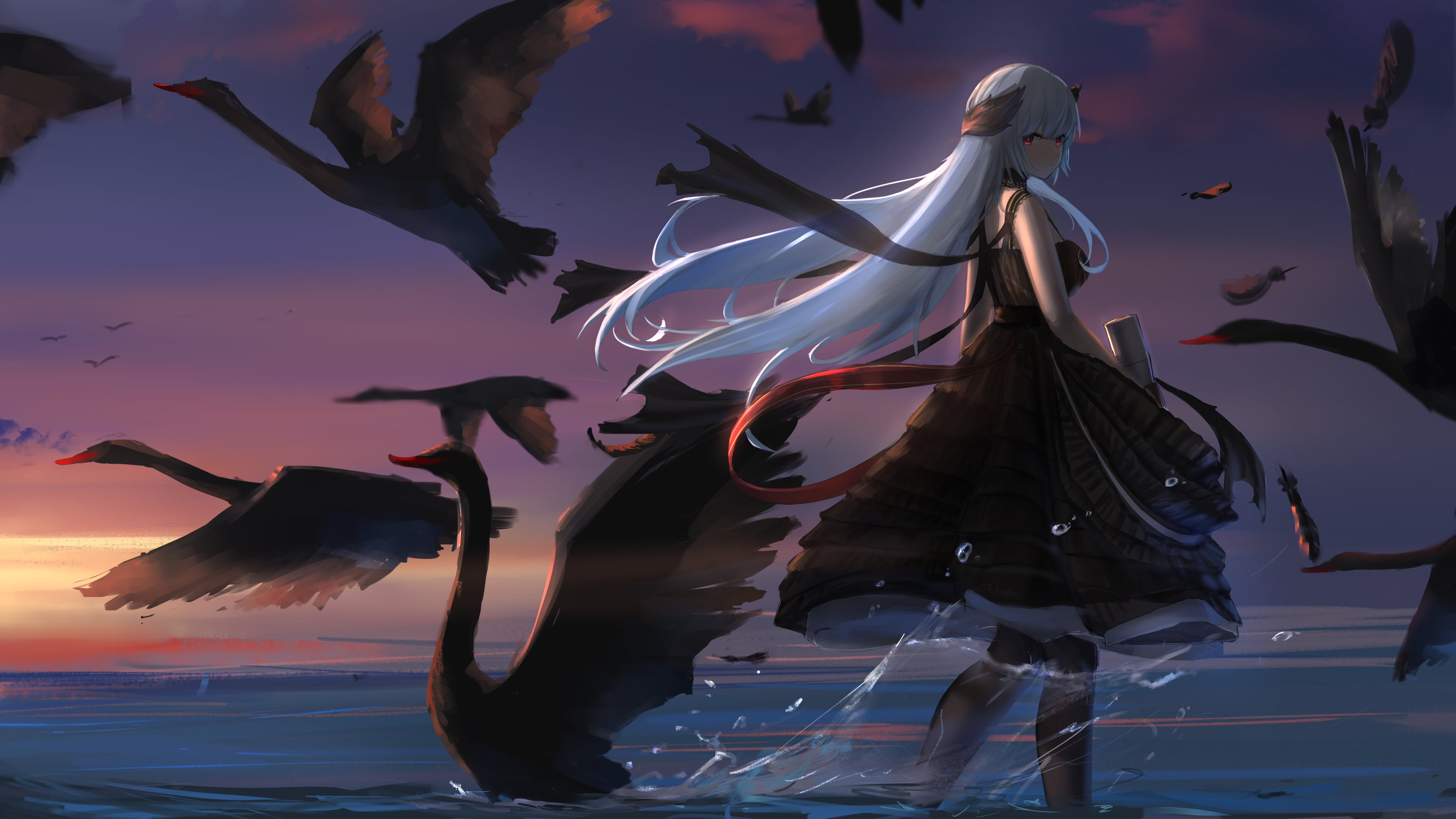 Girls Frontline, Black Dress, 4K, Water, White Hair, Black Swan, Long Hair, Sunset, Video Game, HD Wallpaper