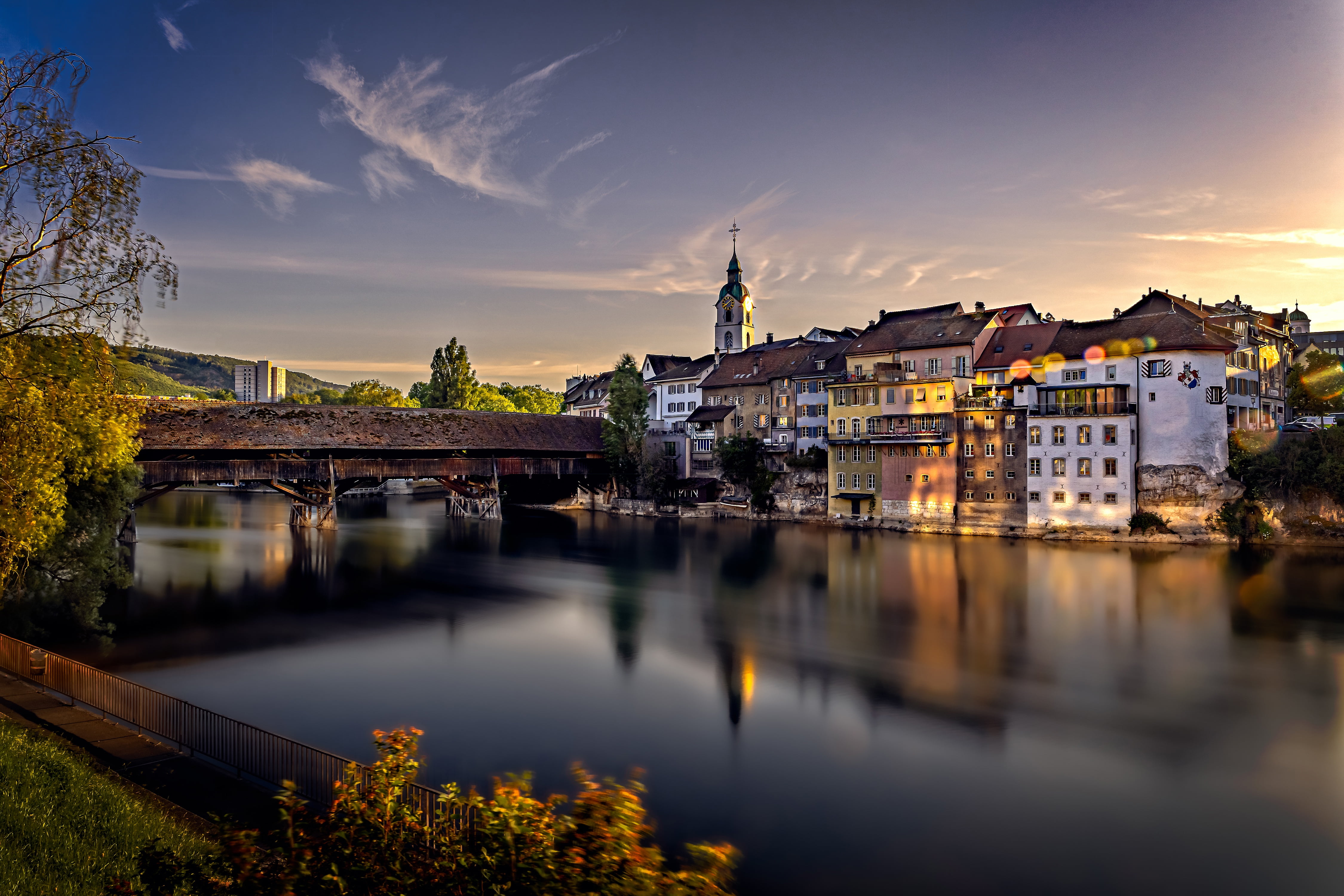 4K, building, river, Olten, Switzerland, Aare River, The River Aare, home, bridge, HD Wallpaper
