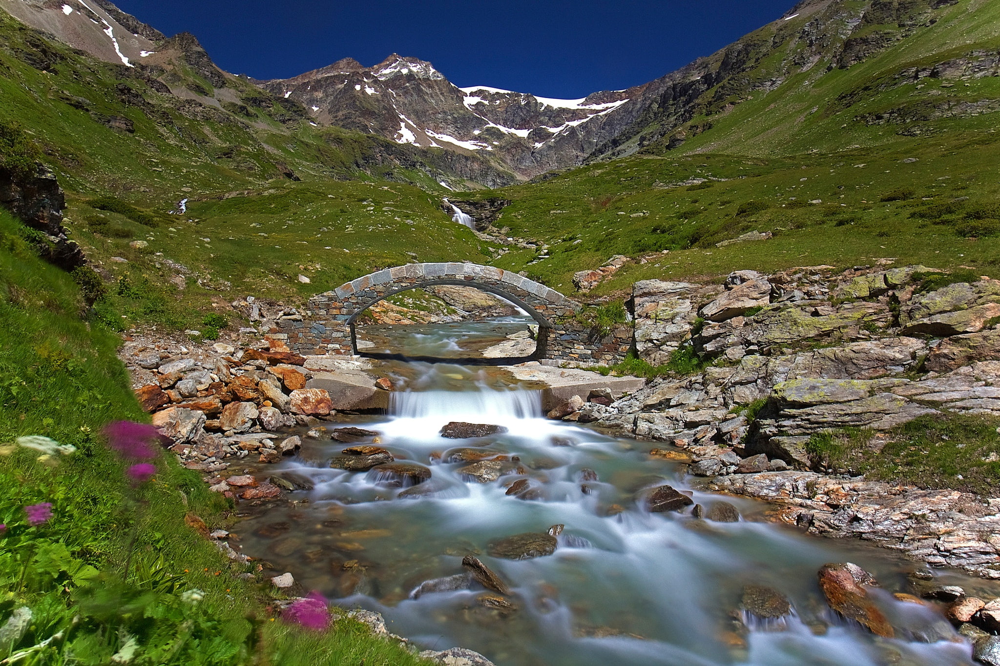 bridge, mountains, Valle daosta, Italy, 1080P, river, HD Wallpaper