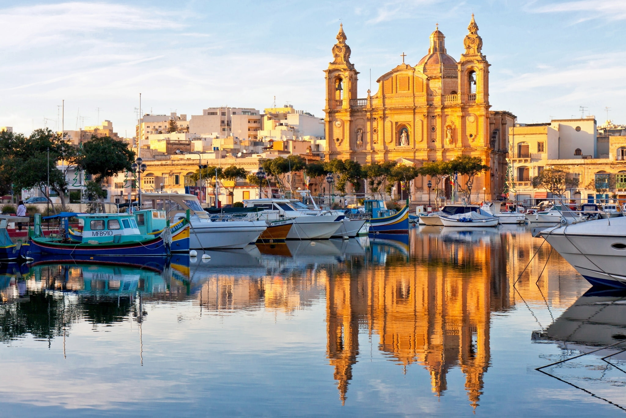 Valletta, boats, Malta, Cathedral, harbour, 1080P, reflection, HD Wallpaper