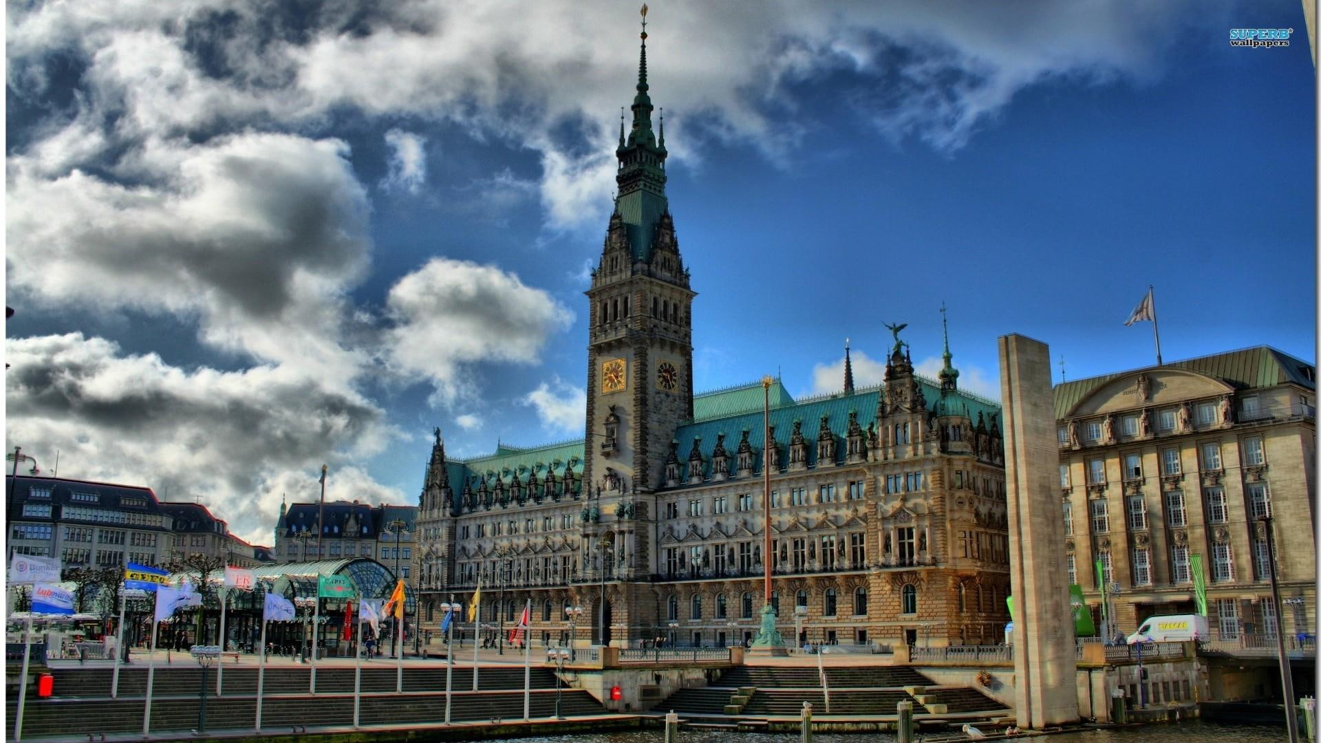 city hall, 1080P, animals, hamburg, city, hall, hdr, HD Wallpaper