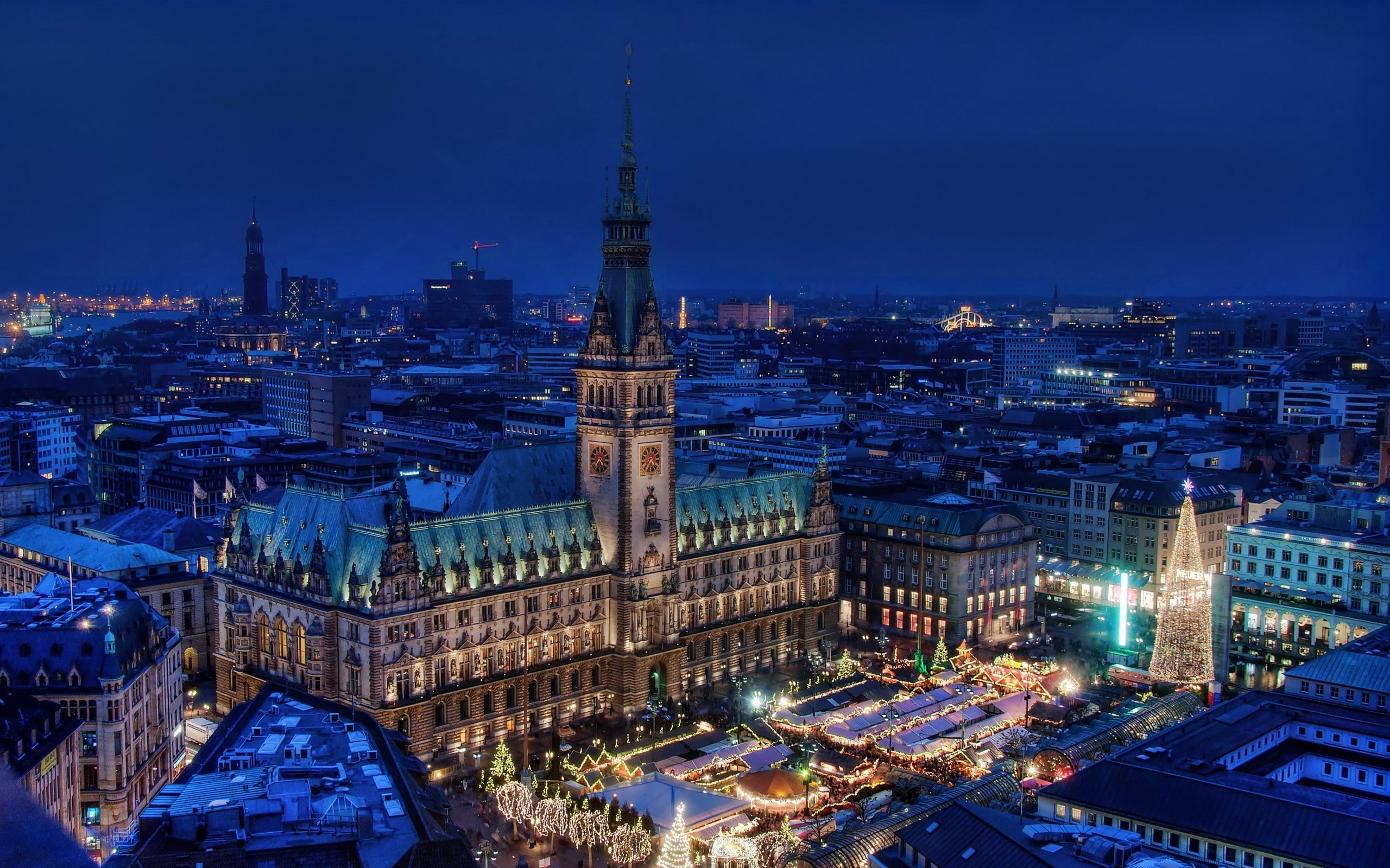 city, hamburg, night, 2K, view, HD Wallpaper