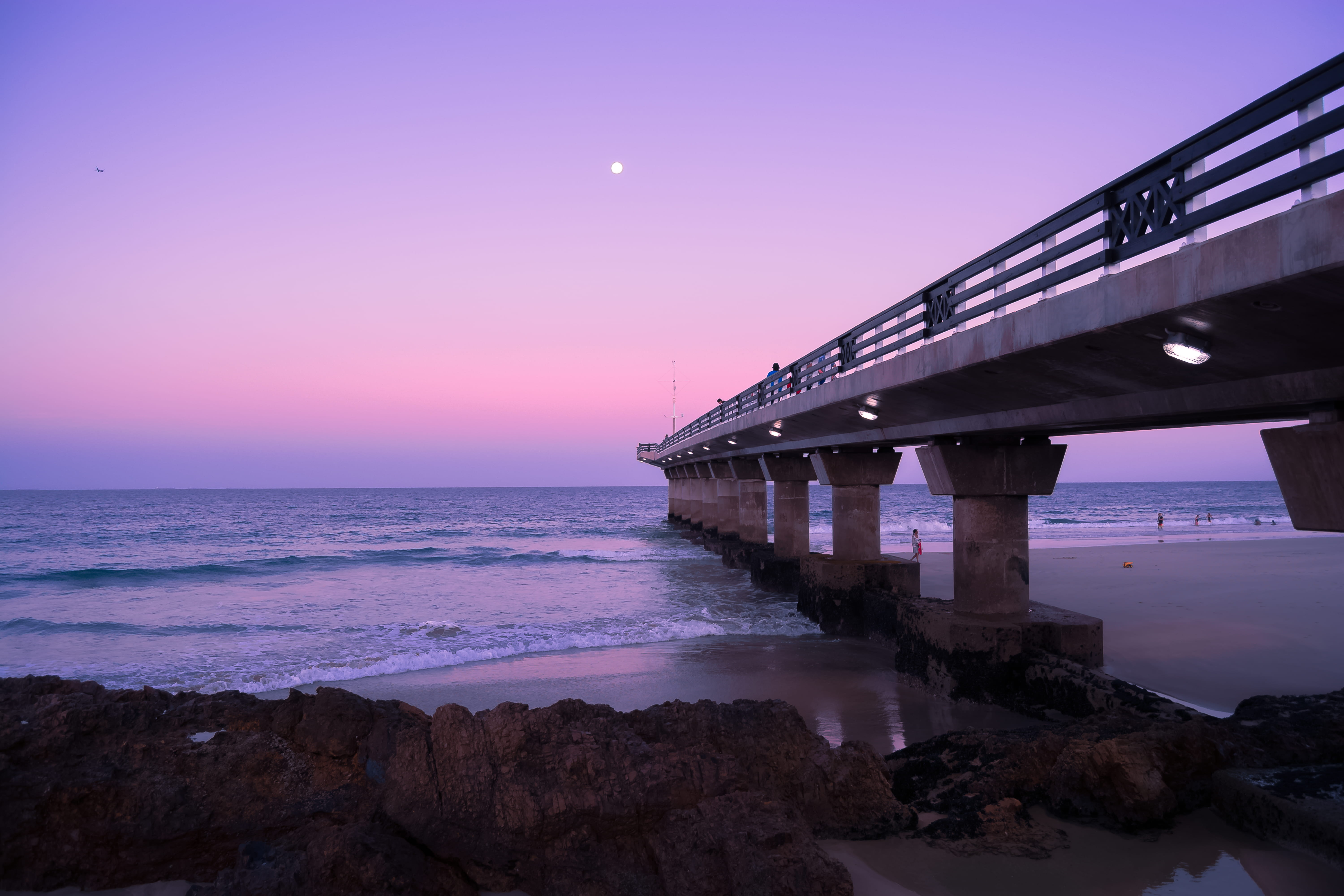 sunset, south africa, purple, water, beauty in nature, bridge, pier, moon, outdoors, scenics - nature, land, sky, built structure, architecture, hobie beach apartments, HD Wallpaper