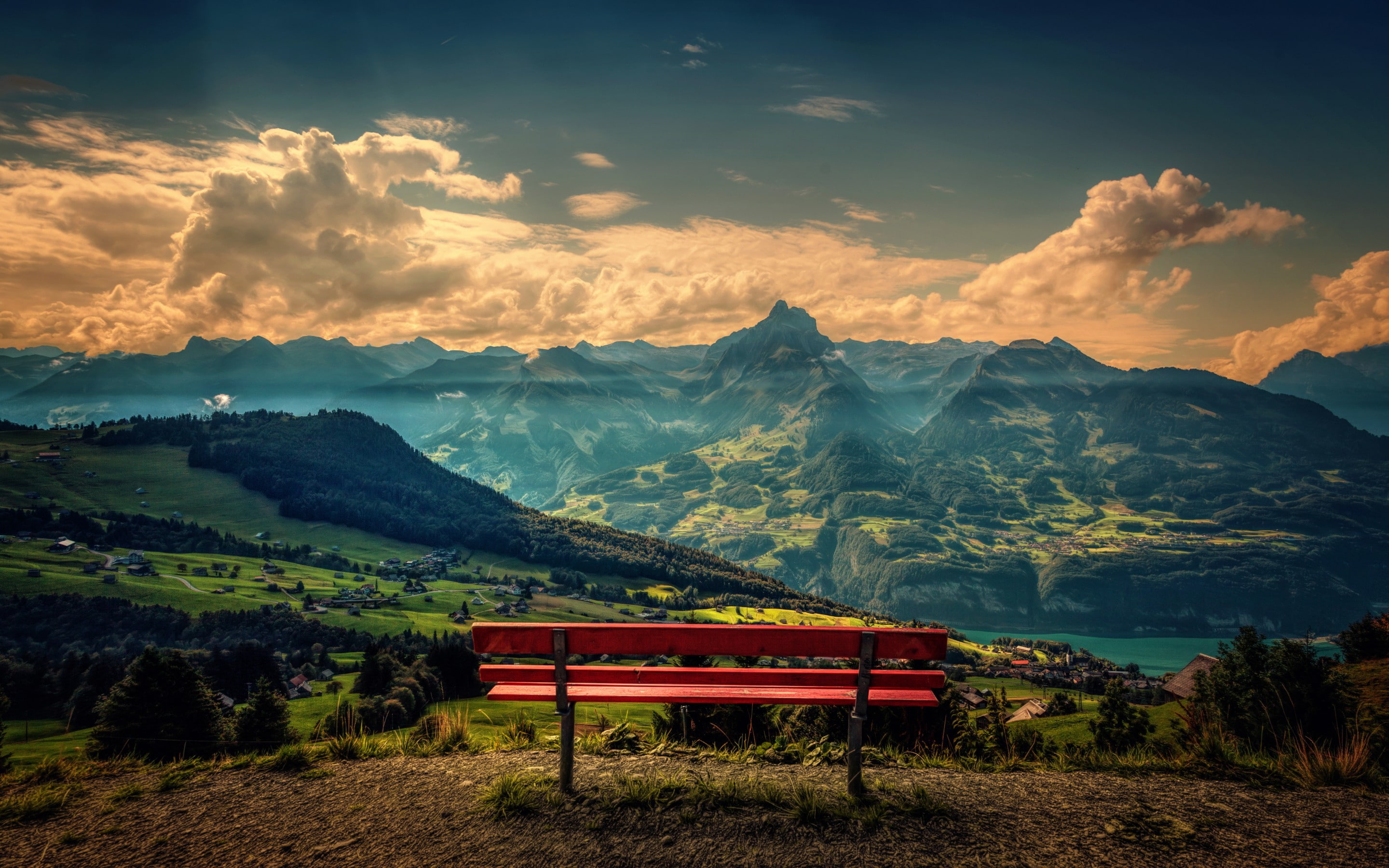 wooden, The red bench, red, black, treatment, view, landscape, frame, mountain, bench, steel, 2K, beauty, HD Wallpaper