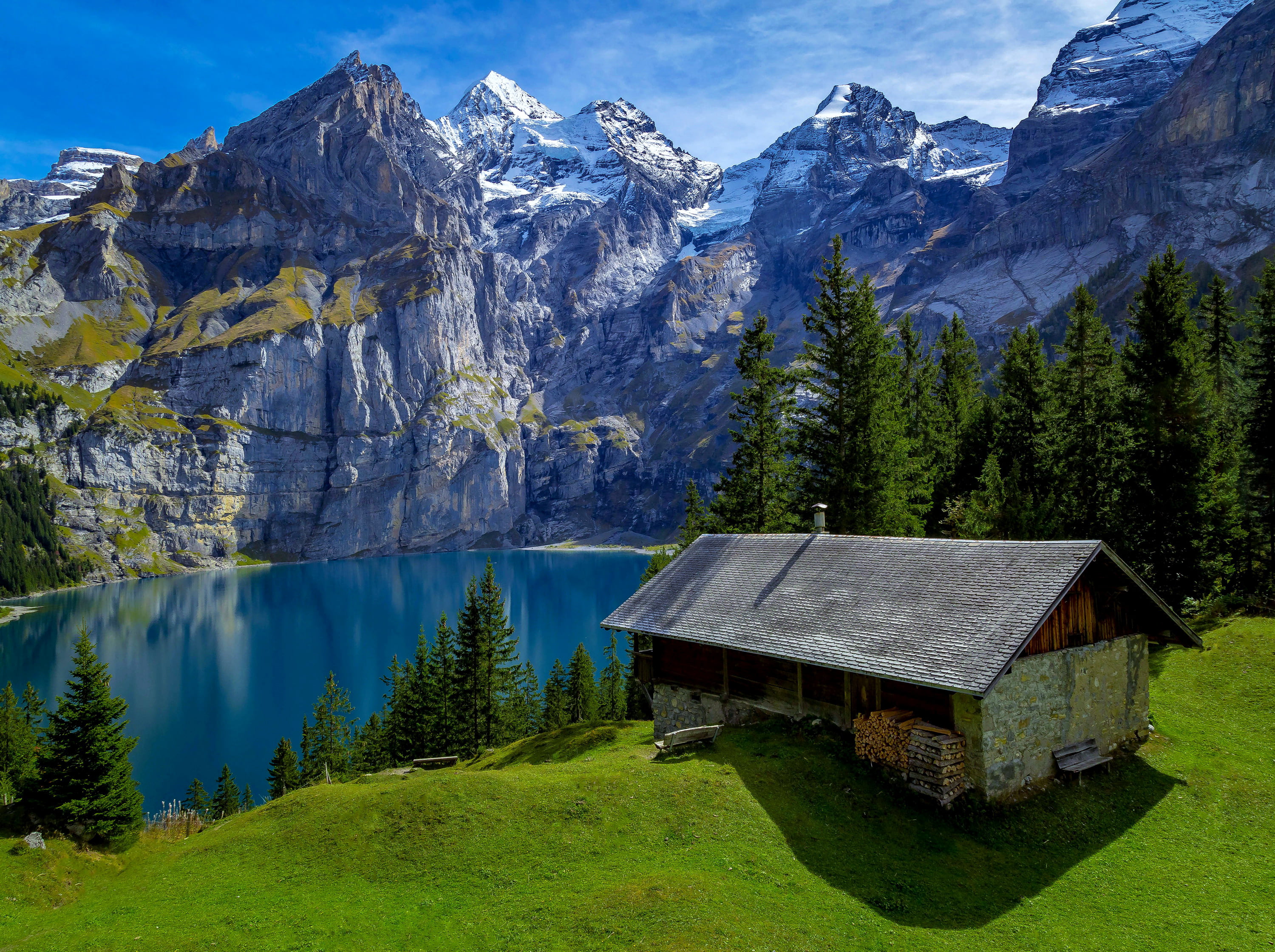 grass, tranquil Scene, vacations, village, summer, environment, european Alps, Sunny, rocks, mountains, plant, scenics - nature, travel, valley, forest, HD Wallpaper