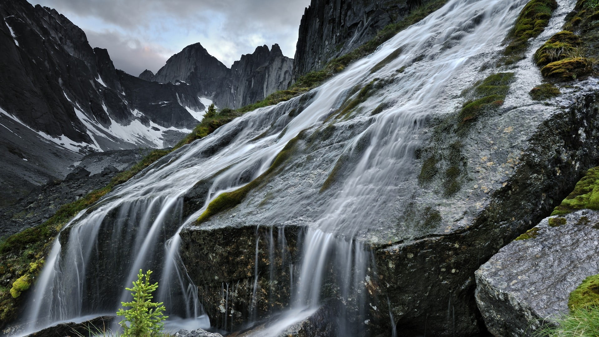 non-urban scene, solid, flowing water, landscape, beauty in nature, waterfall, blurred motion, water, frame, flowing, outdoors, environment, power in nature, HD Wallpaper
