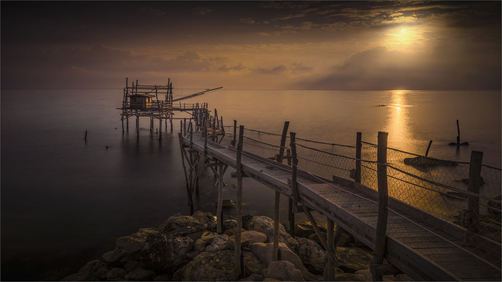 brown, outdoors, nature, Sun, scenics - nature, bridge, pier, wooden post, clouds, non-urban scene, fishing industry, sky, beauty in nature, 1080P, wooden, HD Wallpaper