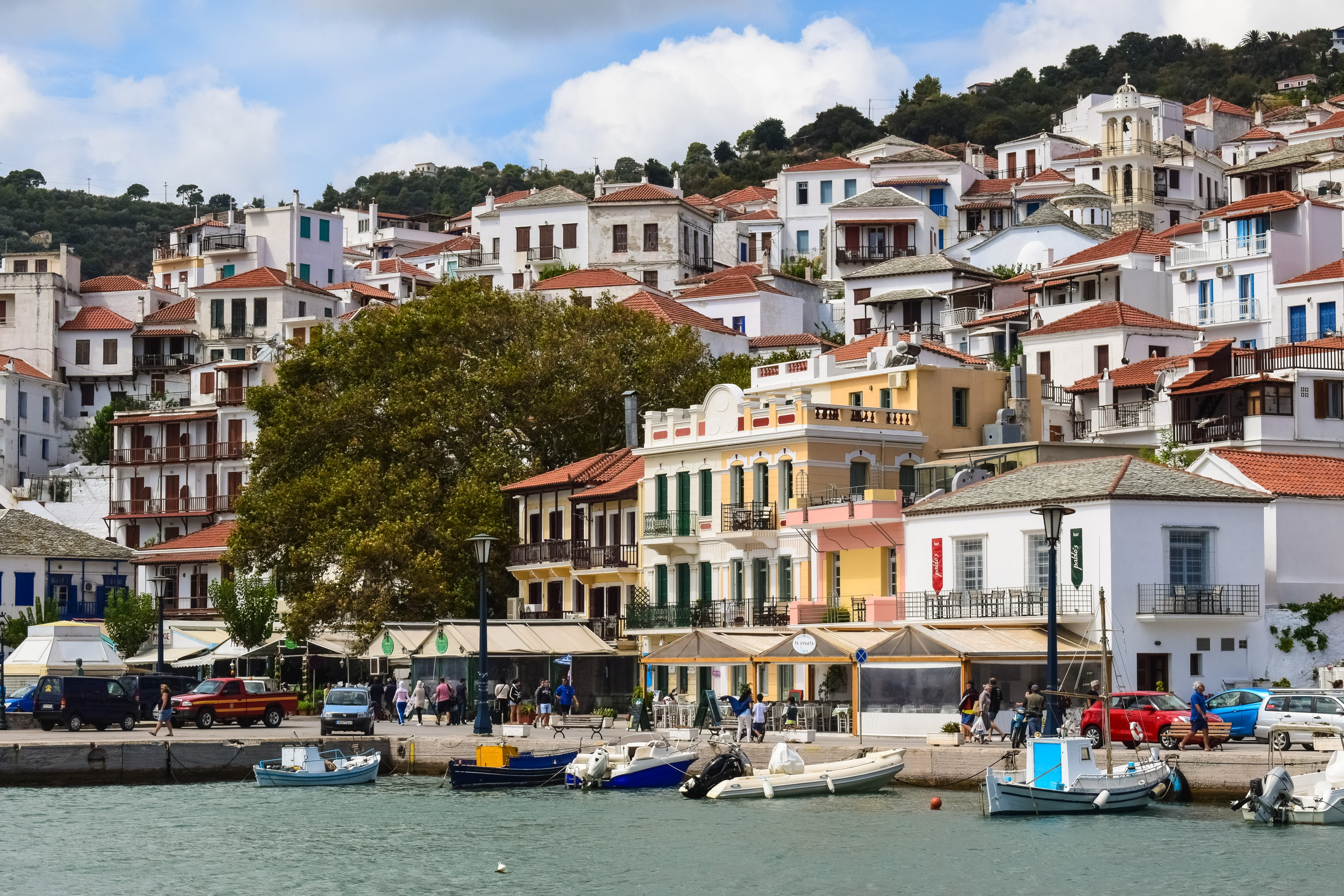 residential district, building, sky, greek, 5K, transportation, skopelos, building exterior, day, built structure, water, canal, moored, nautical vessel, HD Wallpaper