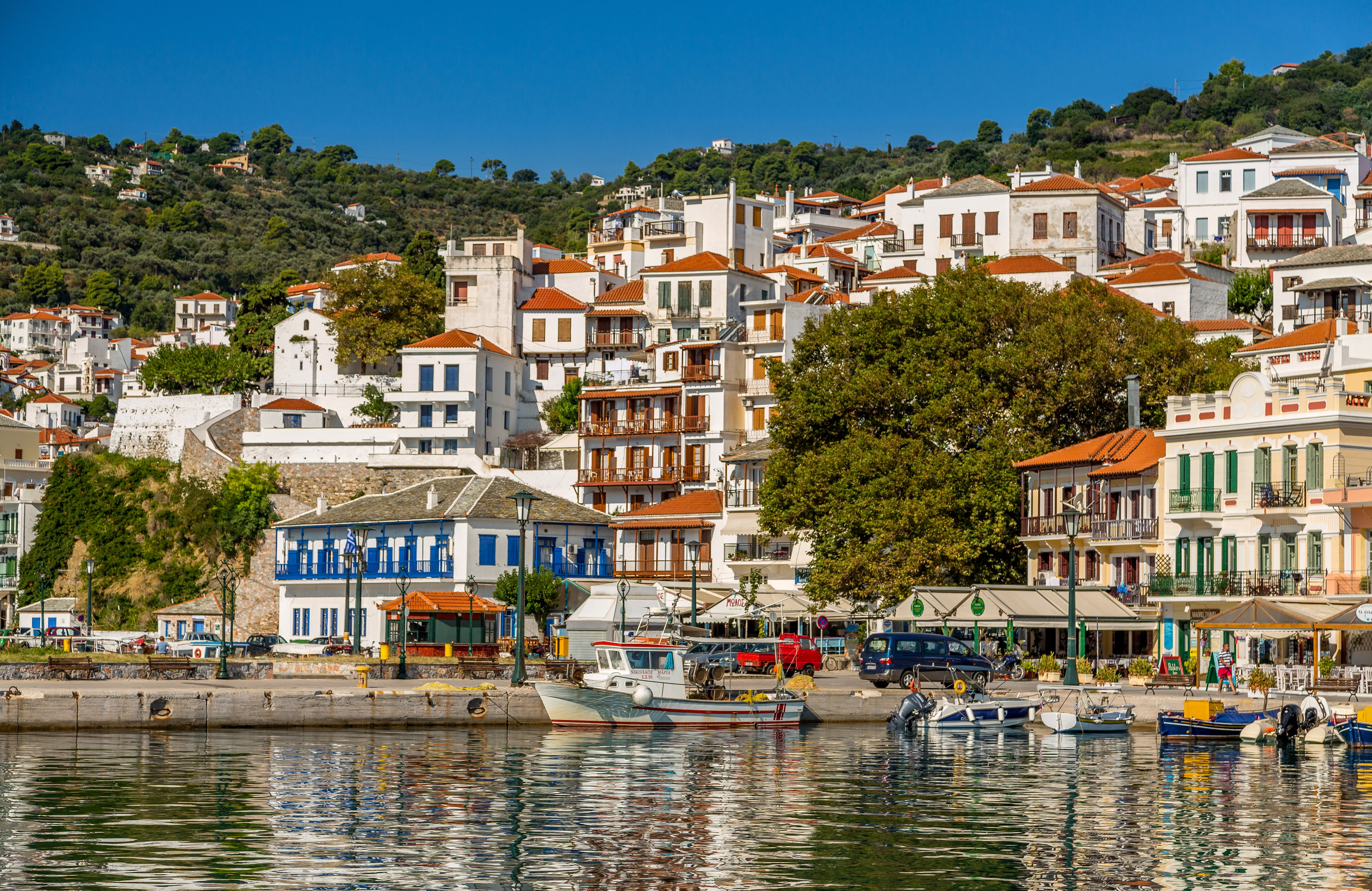 Greece, promenade, pier, 4K, building, harbour, Skopelos, HD Wallpaper
