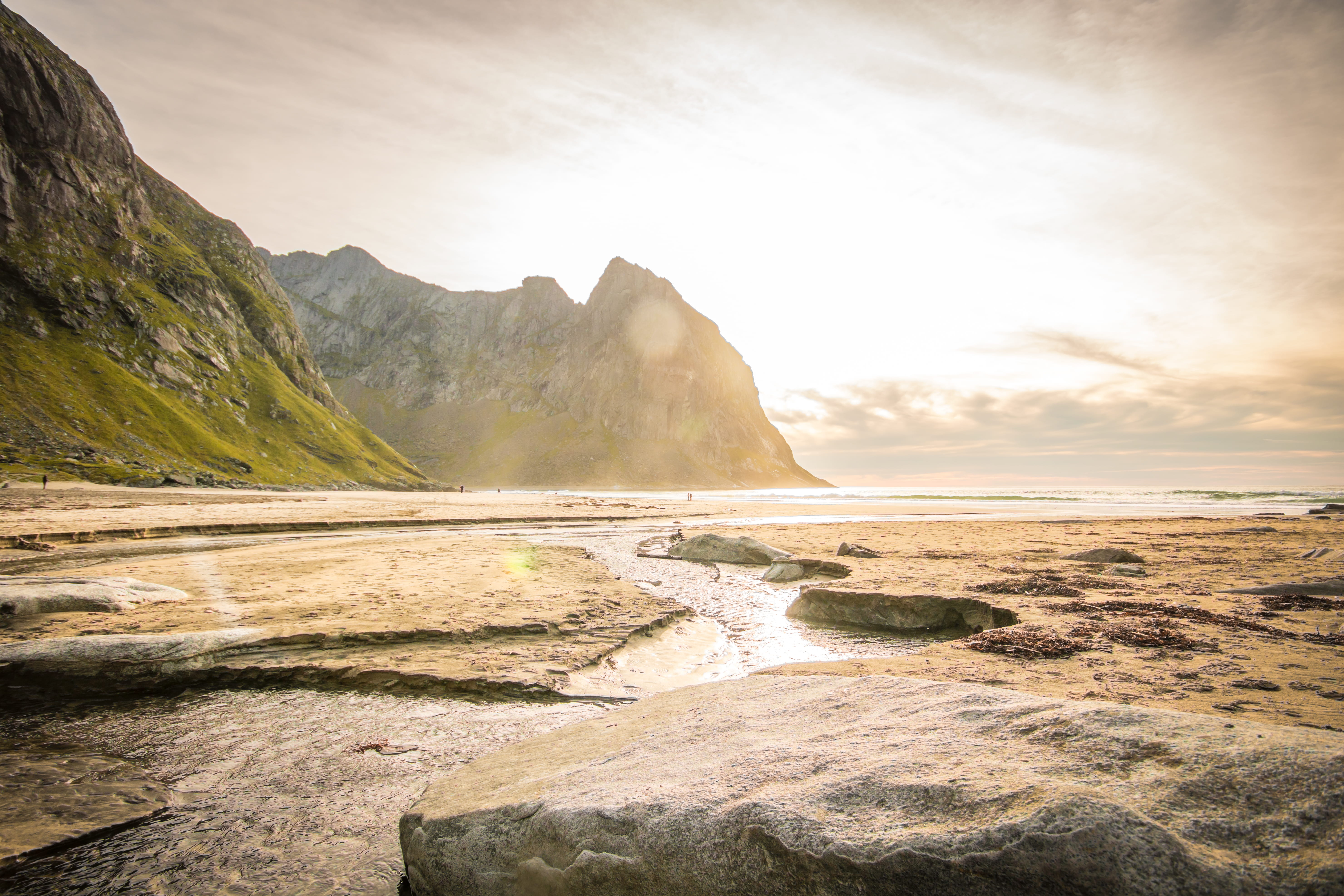 shore, tranquil, mountain, sunlight, tranquil scene, scenic, sky, ocean, sandy, solid, peaceful, sand, seashore, calm, environment, mountains, HD Wallpaper