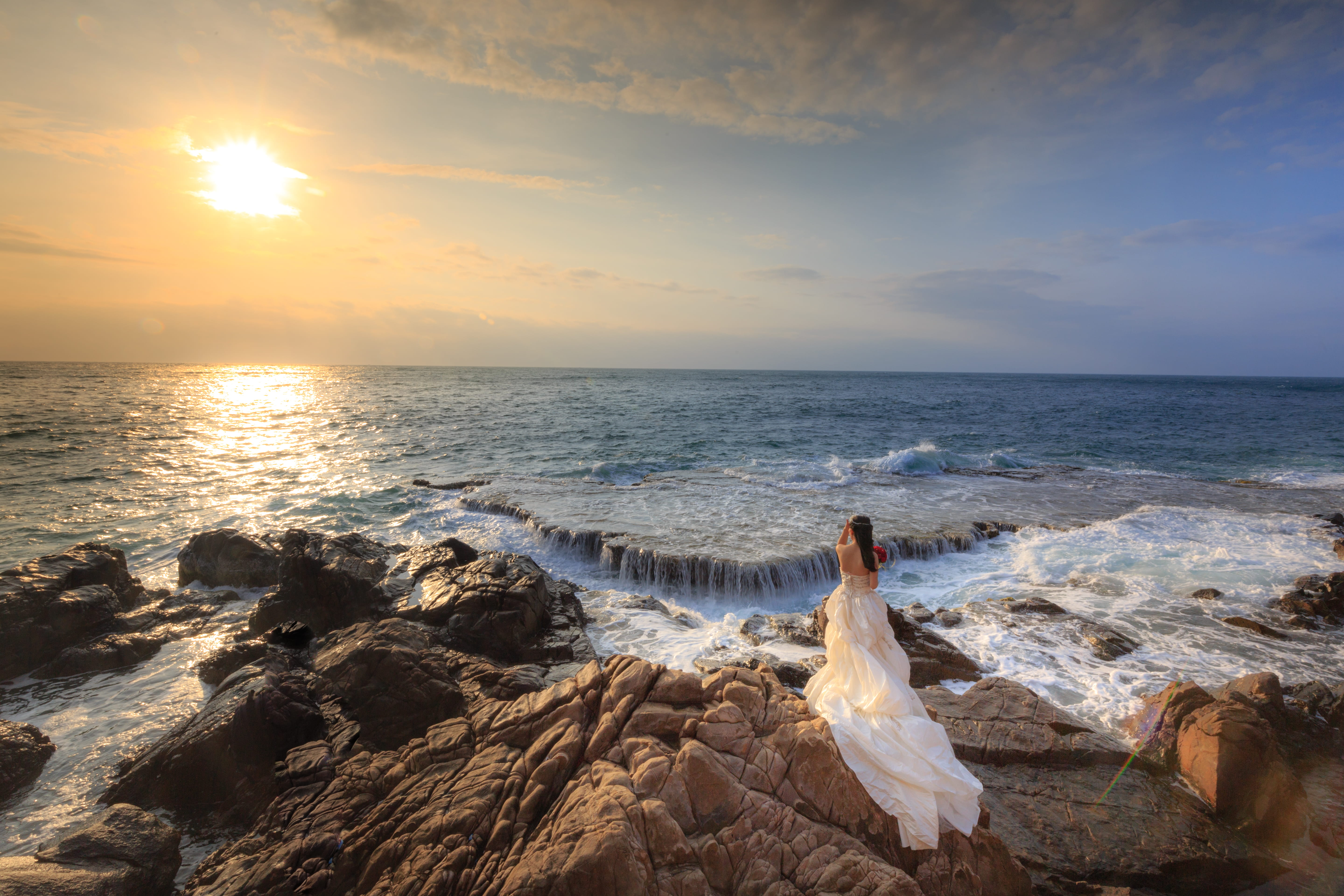 body, land, shore, nature, rock, standing, sunset, cloud - sky, white dress, summer, sand, sky, outdoors, beach, clouds, tranquil scene, scenics - nature, HD Wallpaper
