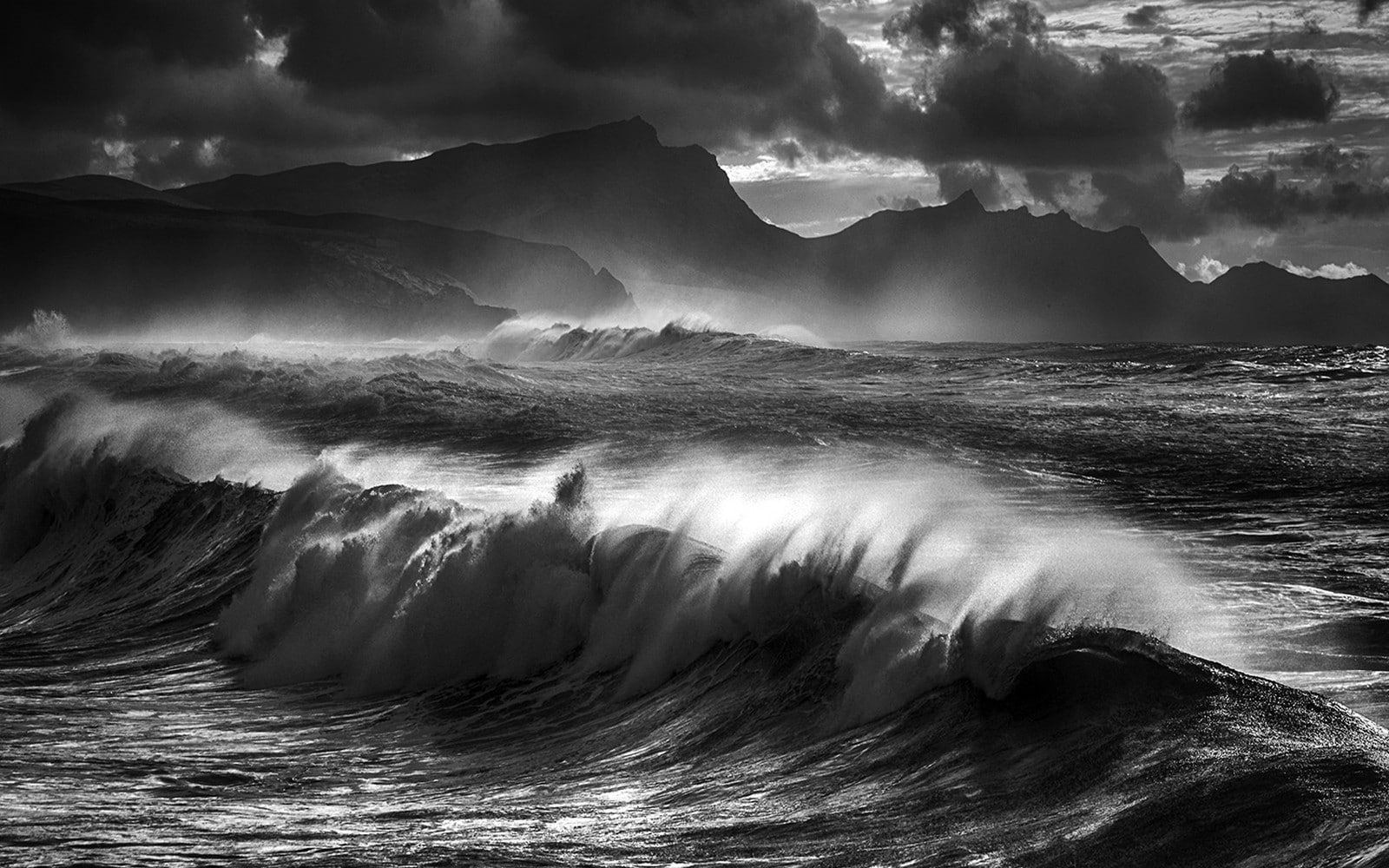 grayscale, nature, 720P, clouds, monochrome, wind, photography, coast, waves, landscape, ocean, sea, beach, mountain, HD Wallpaper