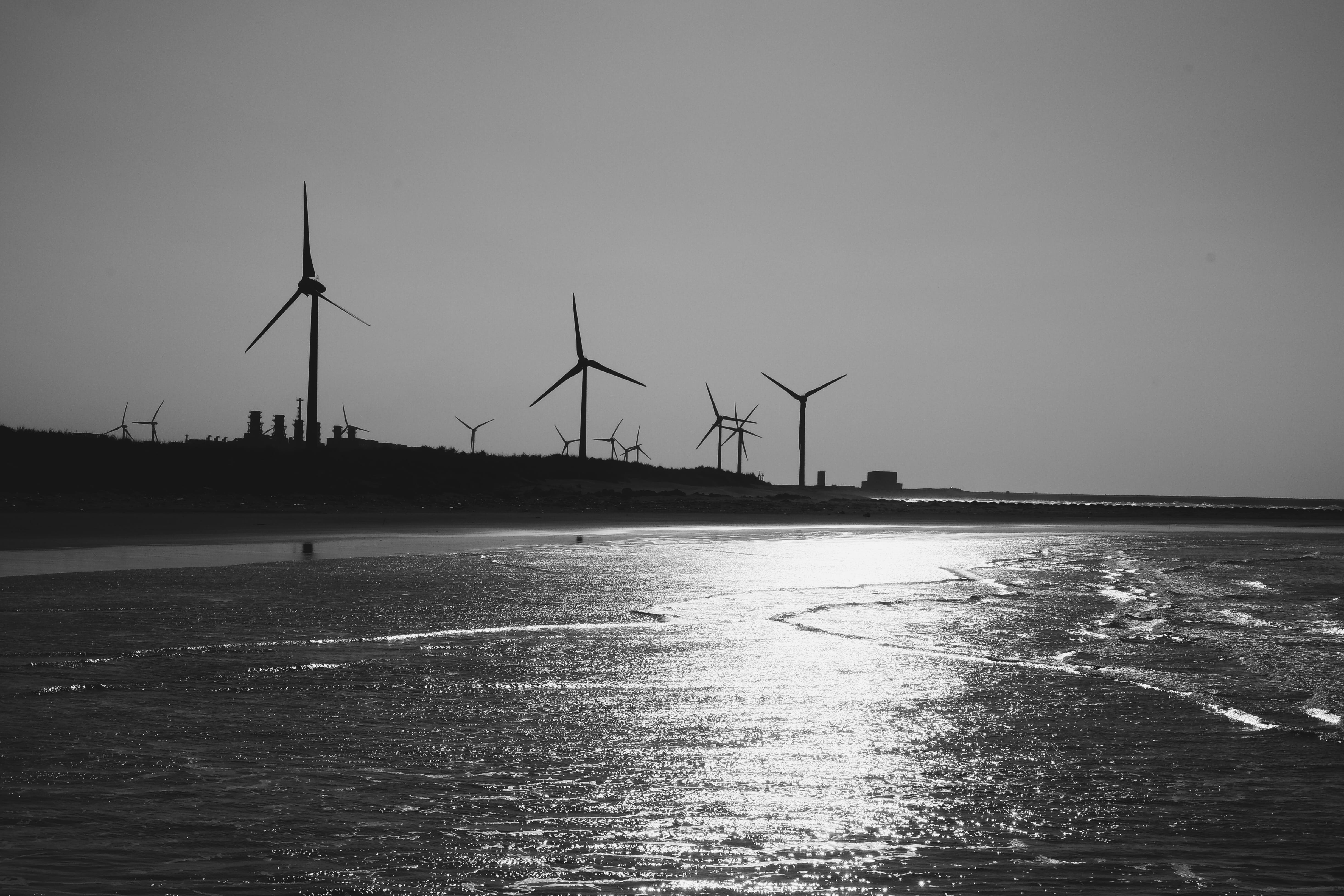 turbine, nature, wave, sustainable resources, no people, waterfront, black and white, waves, tranquility, beach, sky, tranquil scene, environment, scenics - nature, HD Wallpaper