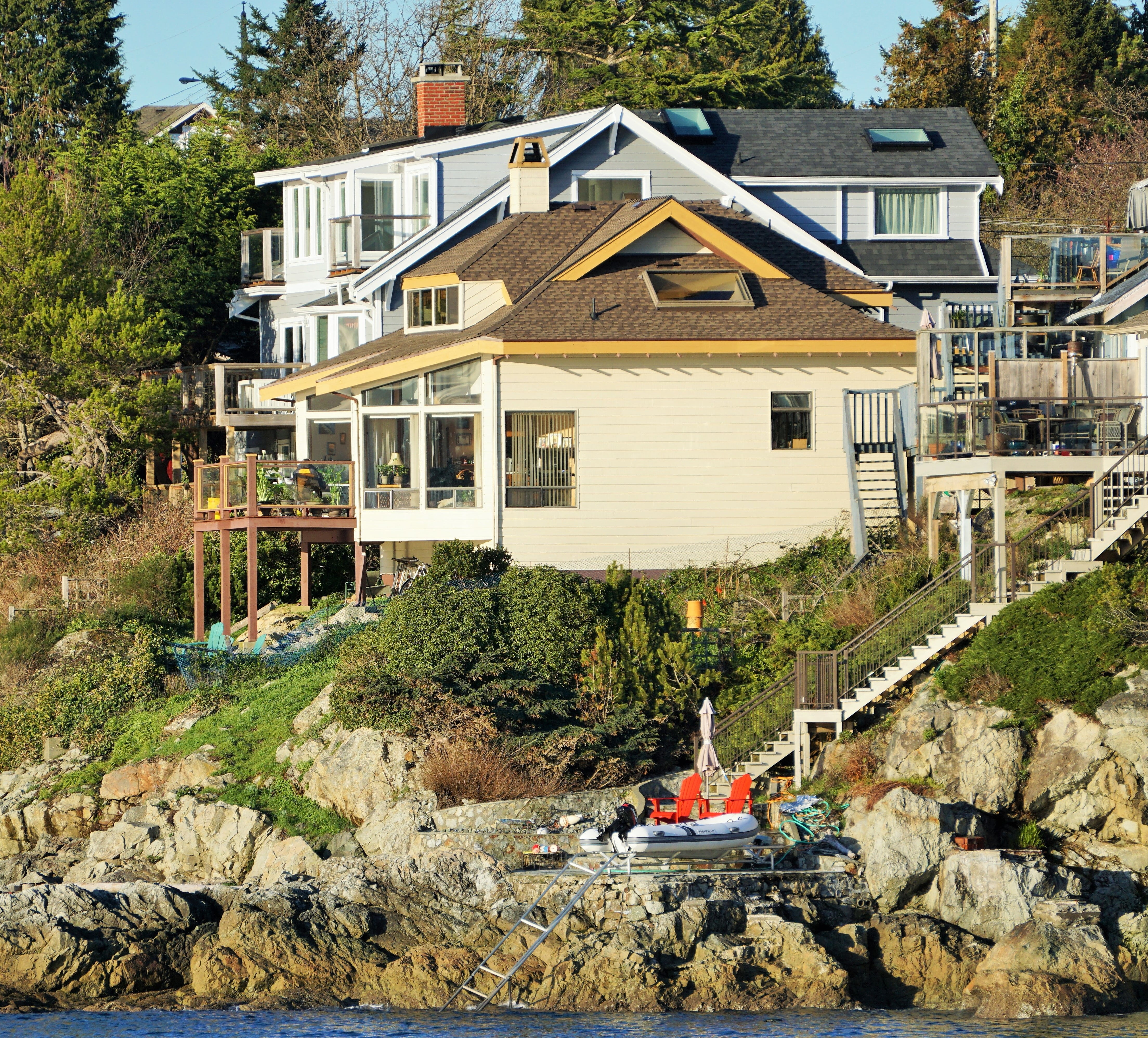 4K, architecture, residential district, house, red, oceanside, victoria, building exterior, nature, bc, rocks, water, solid, transportation, no people, HD Wallpaper
