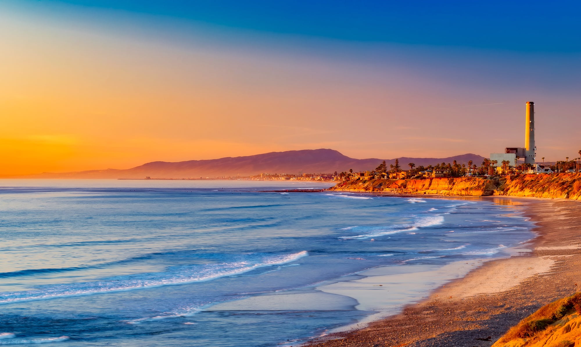 vacation, clouds, beautiful, california, evening, ocean, sky, land, nature, seaside, sunset, blue, orange color, palms, sea, built structure, aquatic sport, HD Wallpaper