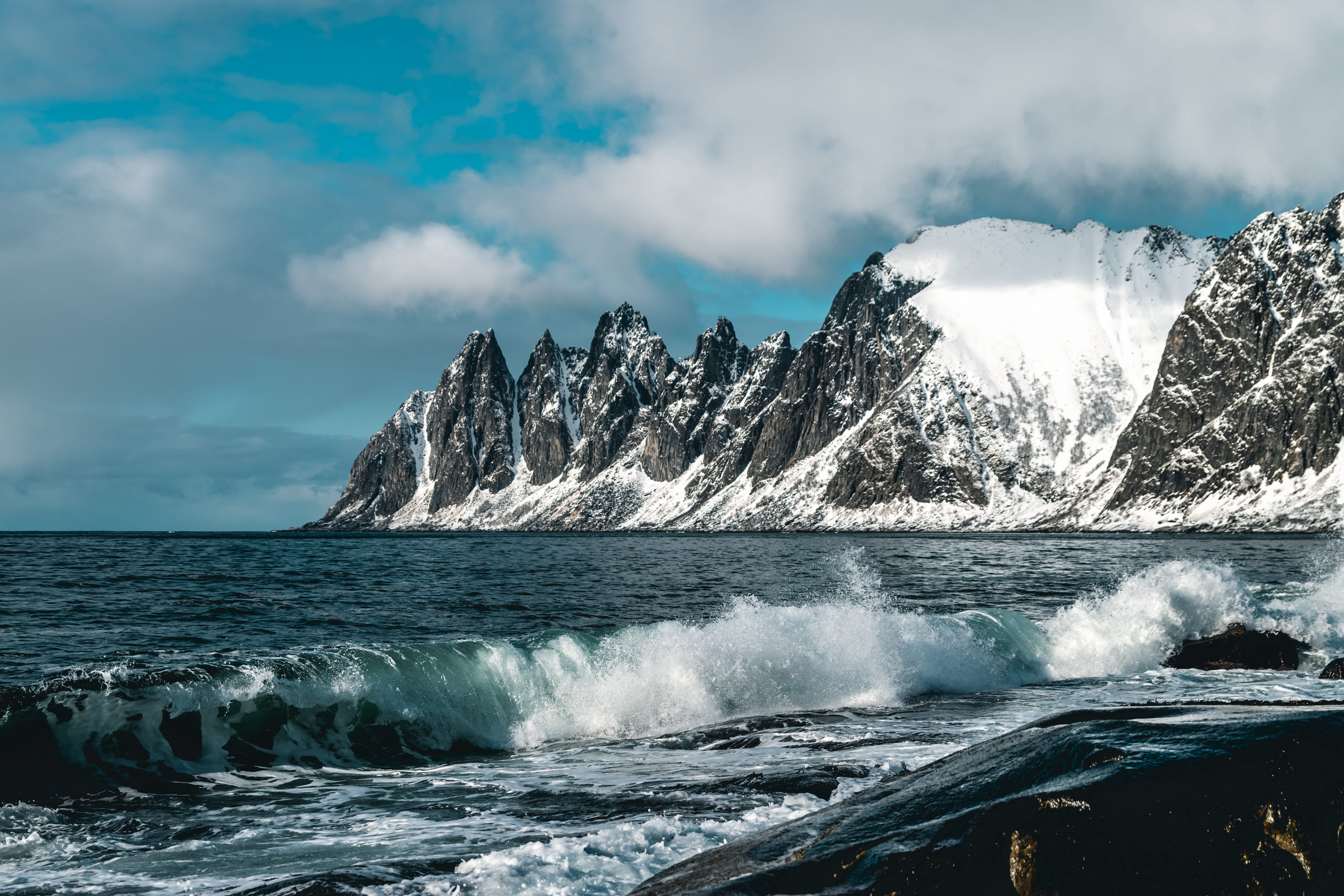 seashore, beauty in nature, cloud - sky, seascape, season, scenics - nature, oceanshore, seaside, snow capped mountain, oceanside, aquatic sport, wave, HD Wallpaper
