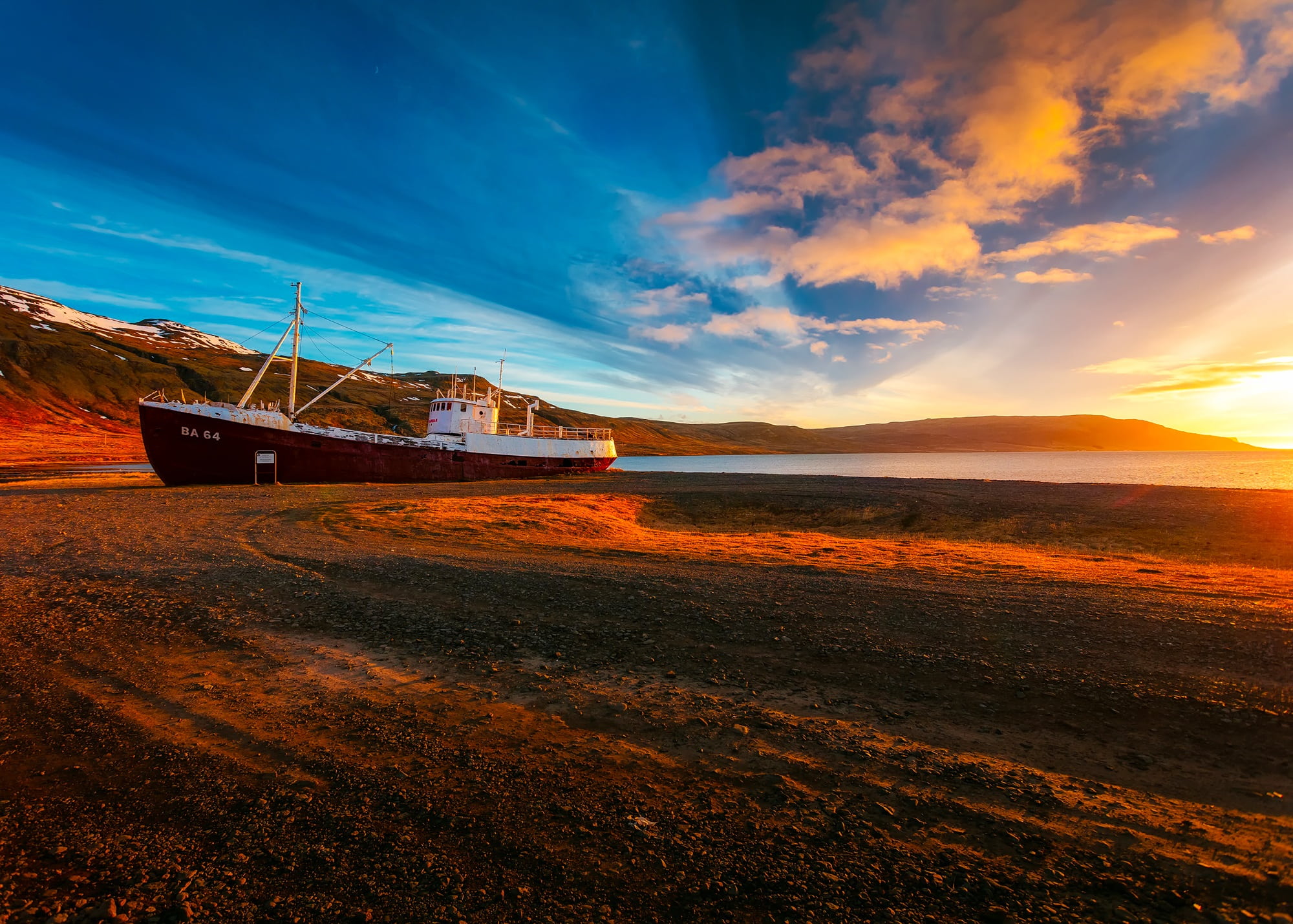 scenics, docked, tranquility, non-urban scene, sunset, moored, nautical vessel, 1080P, beautiful, bay, brown, sea, outdoors, mountain, clouds, ocean, ship, HD Wallpaper