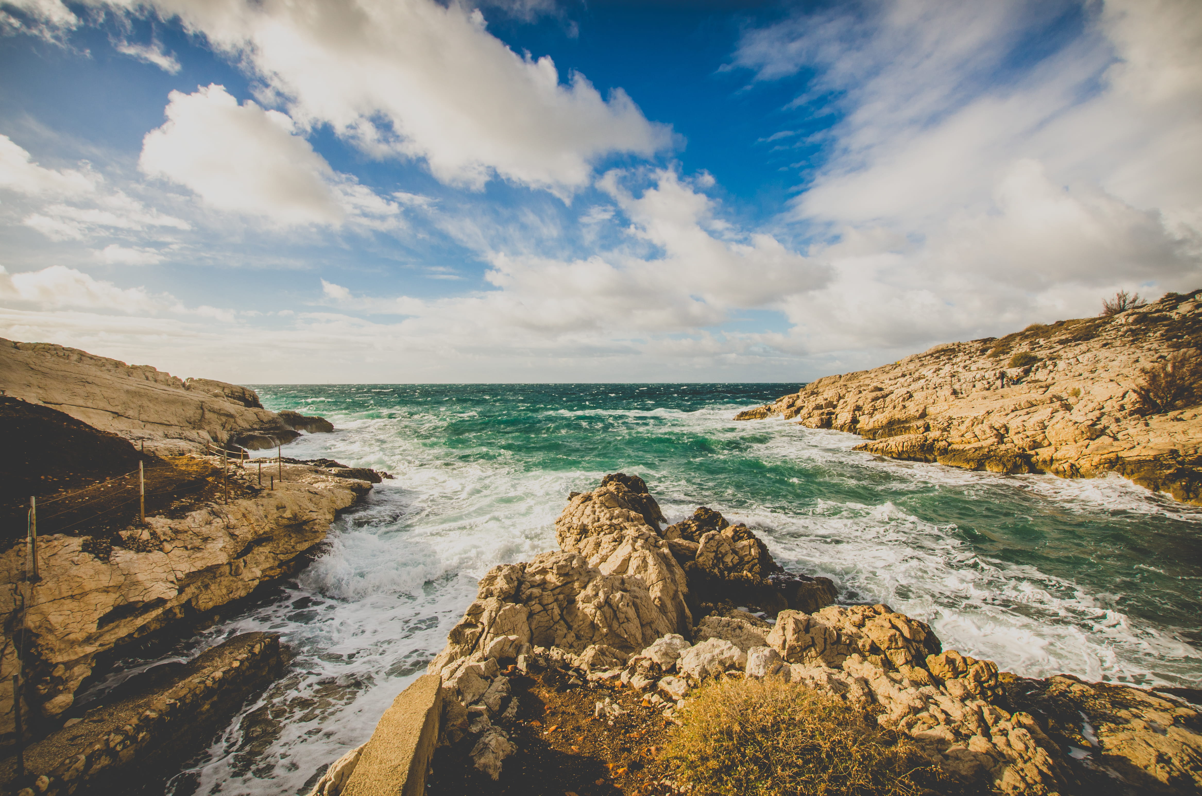 sea, clouds, summer, beach, land, sky, seaside, wilderness, waves, view, shore, seascape, rock formation, 4K, rock - object, scenery, scenics - nature, HD Wallpaper