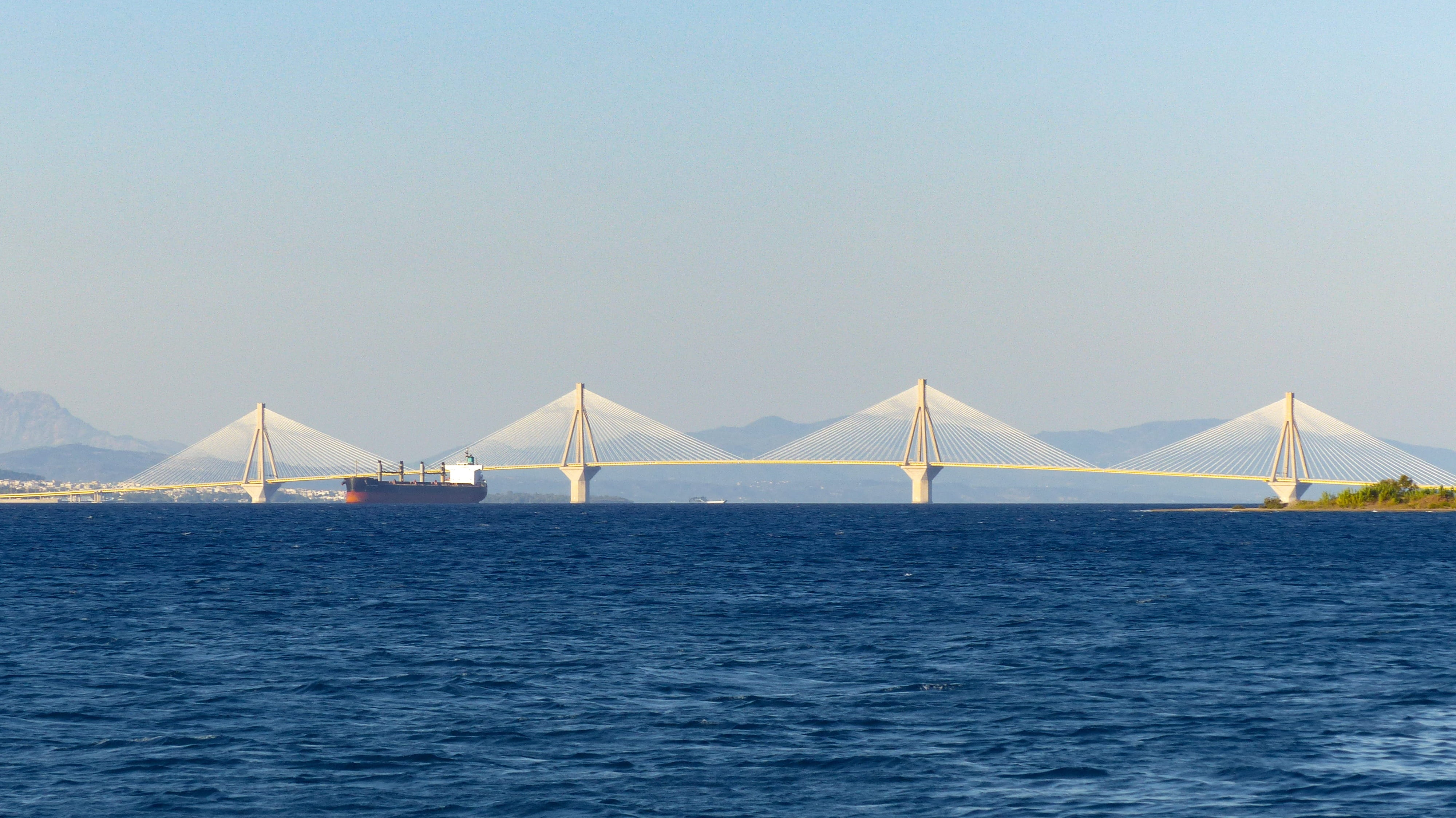 travel, greece, connection, engineering, water, travel destinations, bridge, sea, trikoupis, blue, clear sky, built structure, copy space, shrouds, outdoors, HD Wallpaper
