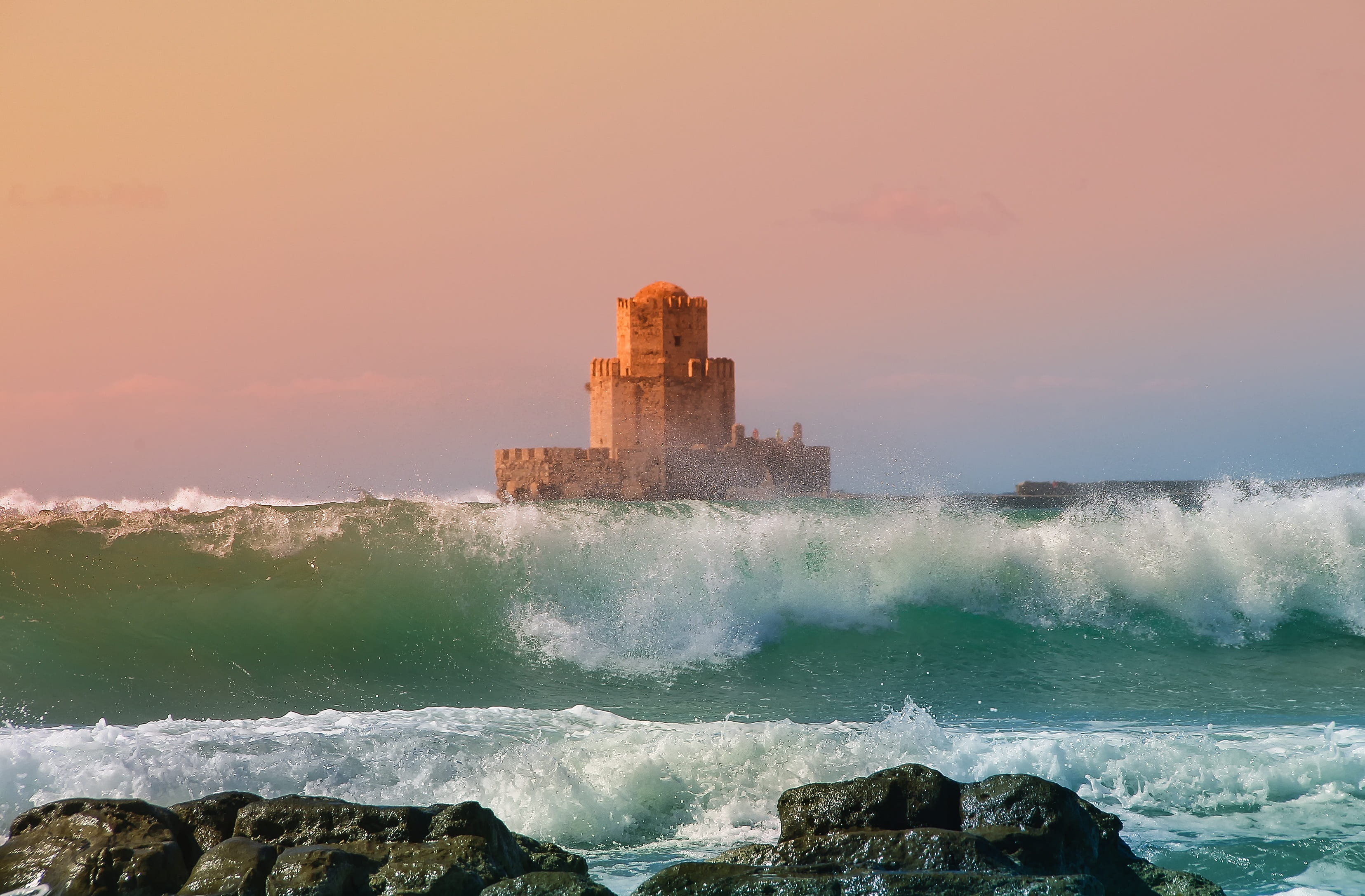 castle, middle, power in nature, water, beauty in nature, sunset, sport, power, ocean, beach, architecture, sea, aquatic sport, case, outdoors, solid, rock, HD Wallpaper
