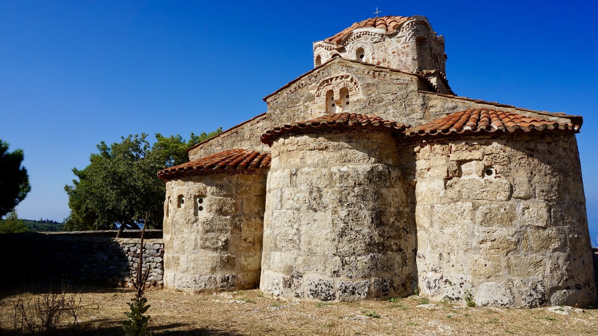 clear sky, tree, religion, built structure, blue, building, sunny, medieval, no people, wall, peloponnese, 1080P, building exterior, nature, day, architecture, HD Wallpaper