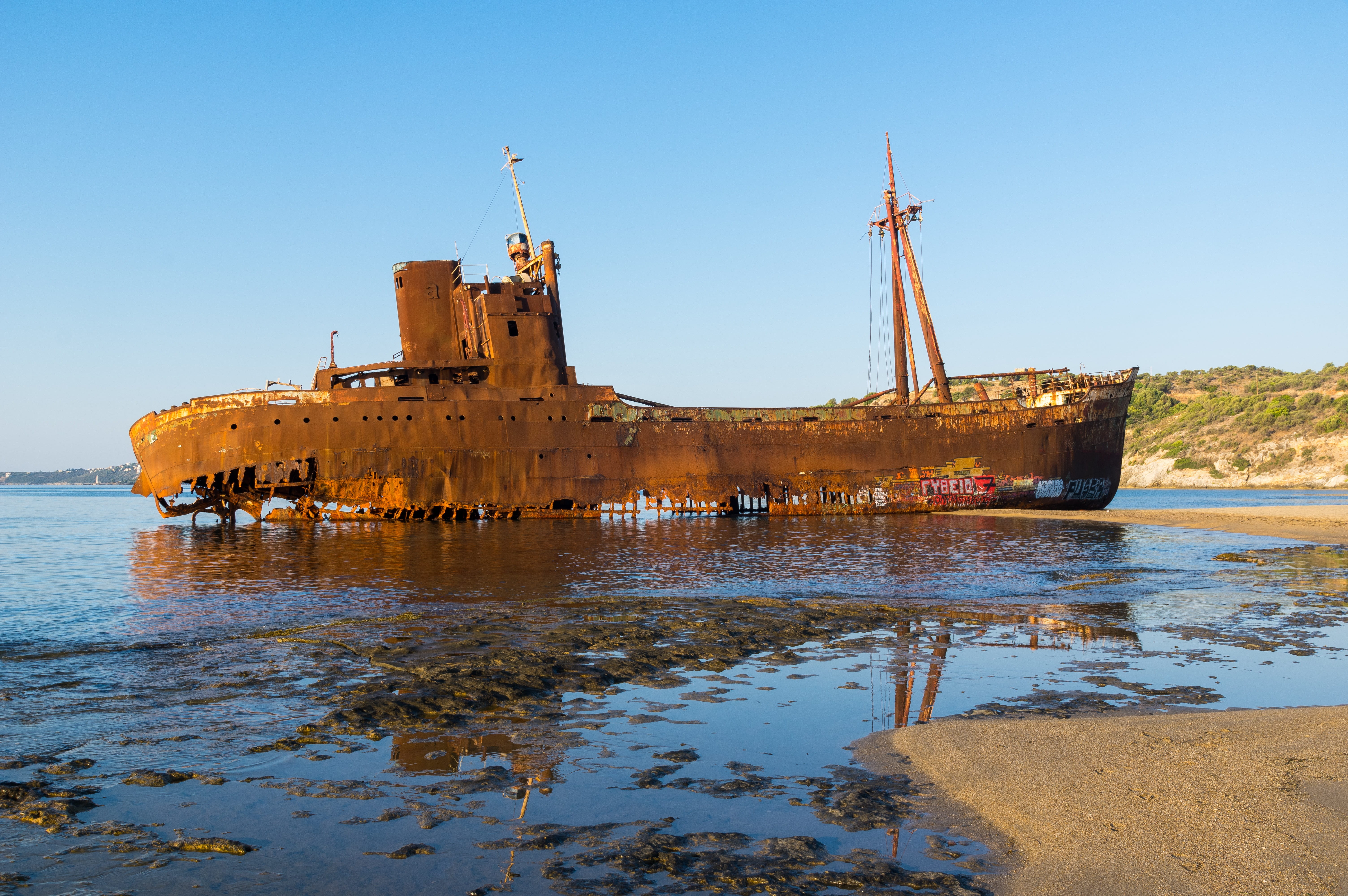 built structure, greece, outdoors, decline, old, clear sky, 5K, ship, sea, wreck, beach, boat, nature, rust, deterioration, peloponnese, no people, nautical vessel, HD Wallpaper