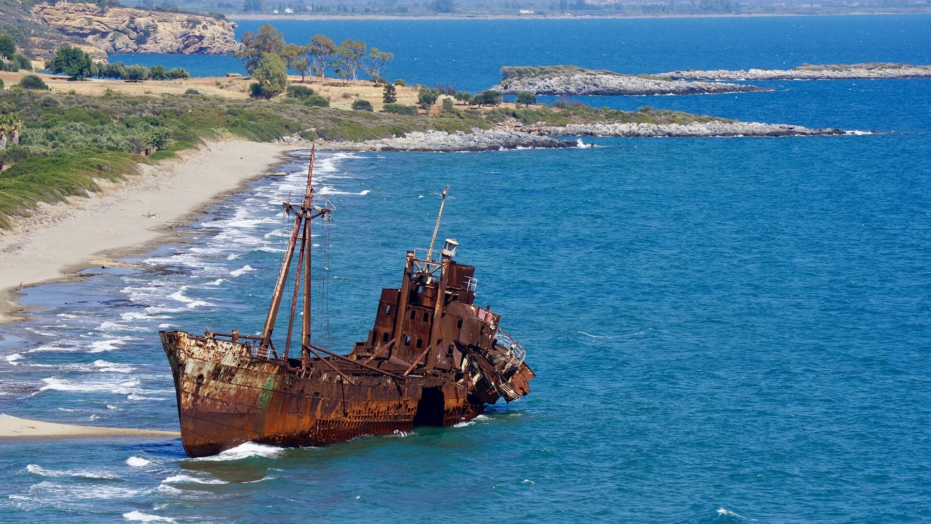 summer, architecture, metal rust, abandoned, transportation, peloponnese, greece, 1080P, day, deterioration, blue, no people, scenics - nature, mode of transportation, HD Wallpaper