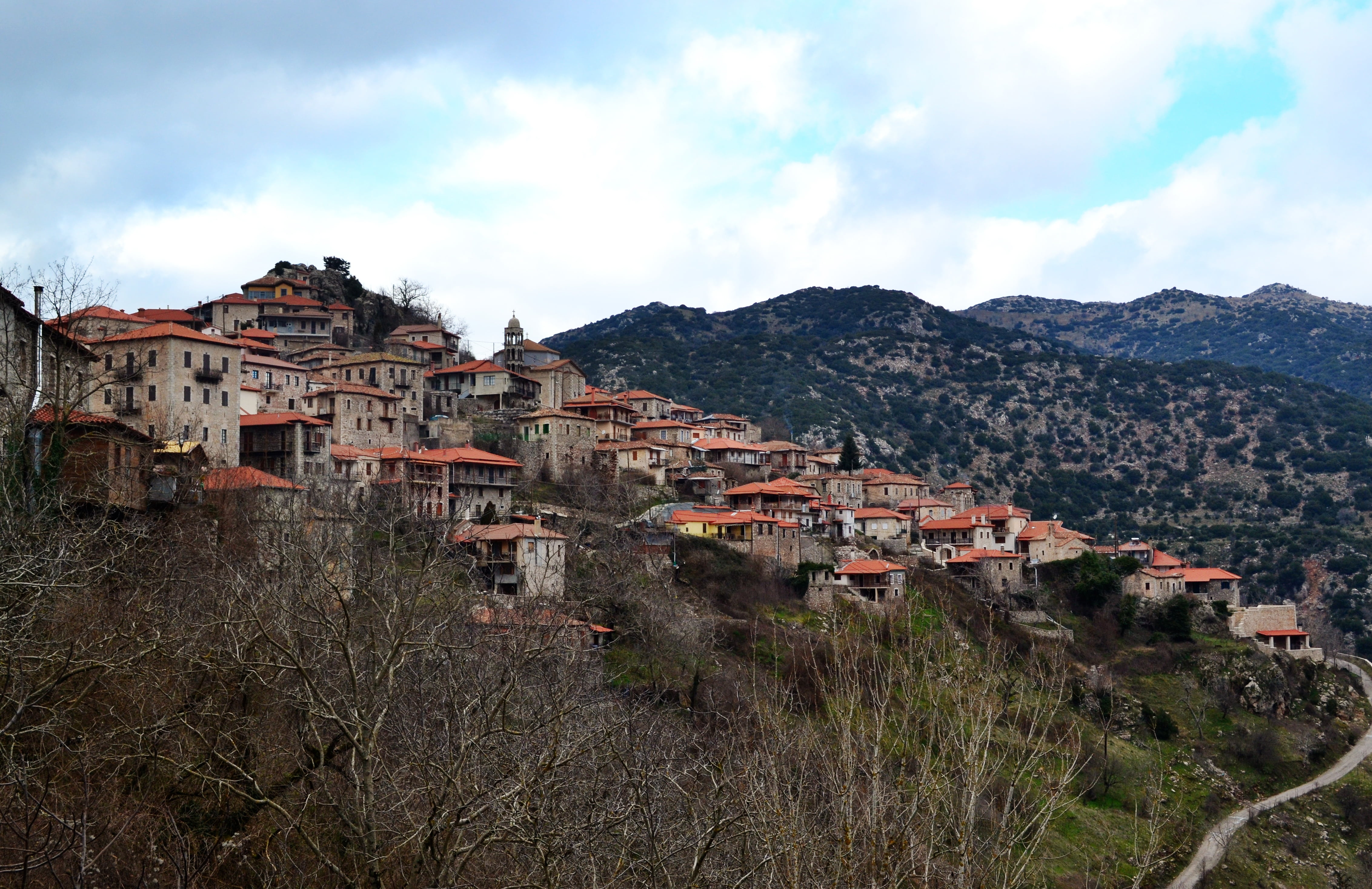 greek, old, scene, village, season, plant, building exterior, building, europe, peloponnese, day, tree, 4K, outdoors, architecture, nature, cloud - sky, HD Wallpaper