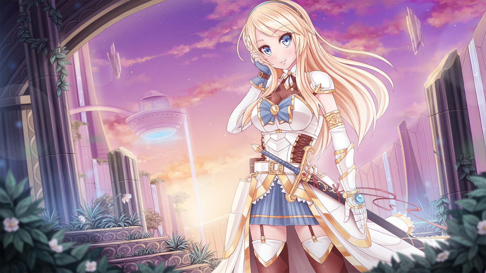 enjoyment, sky, women, 1080P, visual novel, outdoors, arts culture and entertainment, architecture, beauty, technology, females, leanna, fantasy, blond hair, HD Wallpaper