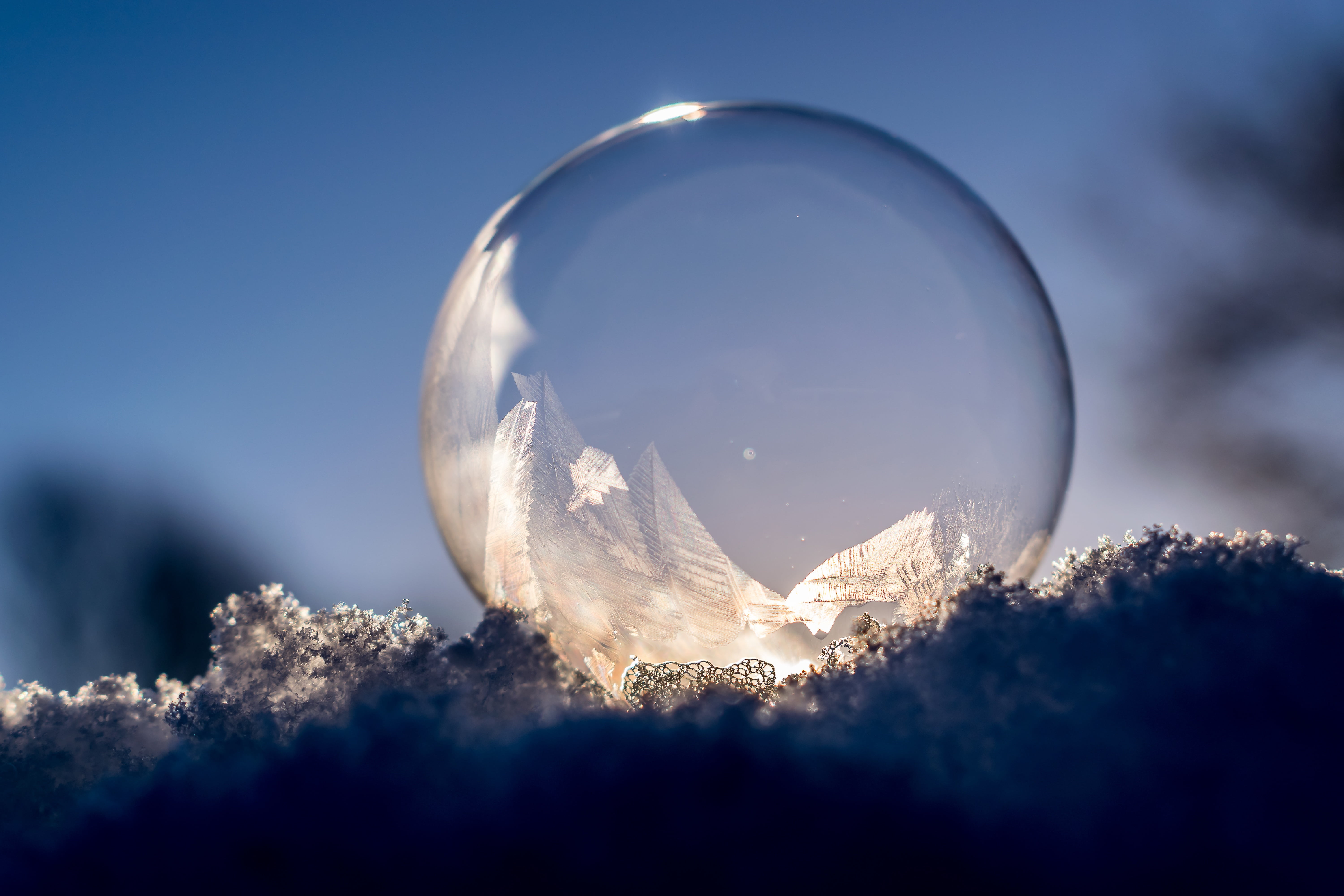 reflection, back light, the winters tale, orange, spherical, outdoors, ice, crystal growth, frost blister, icy, mountain, refraction, frozen bubble, frozen, HD Wallpaper