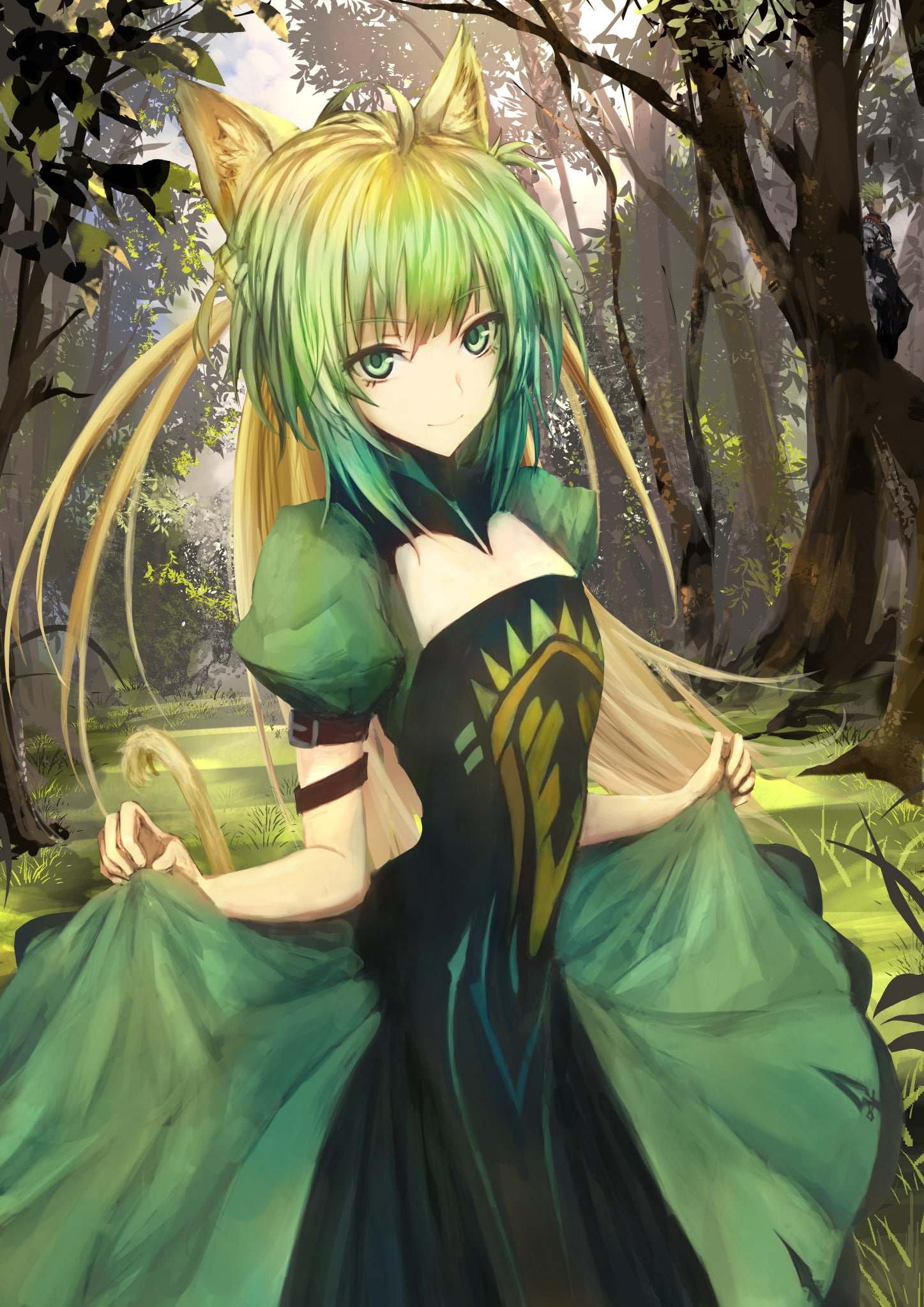 animal ears, FateApocrypha, anime, FateGrand Order, long hair, forest, anime girls, green hair, Atalanta (FateGrand Order), green eyes, 1080P, Phone HD Wallpaper