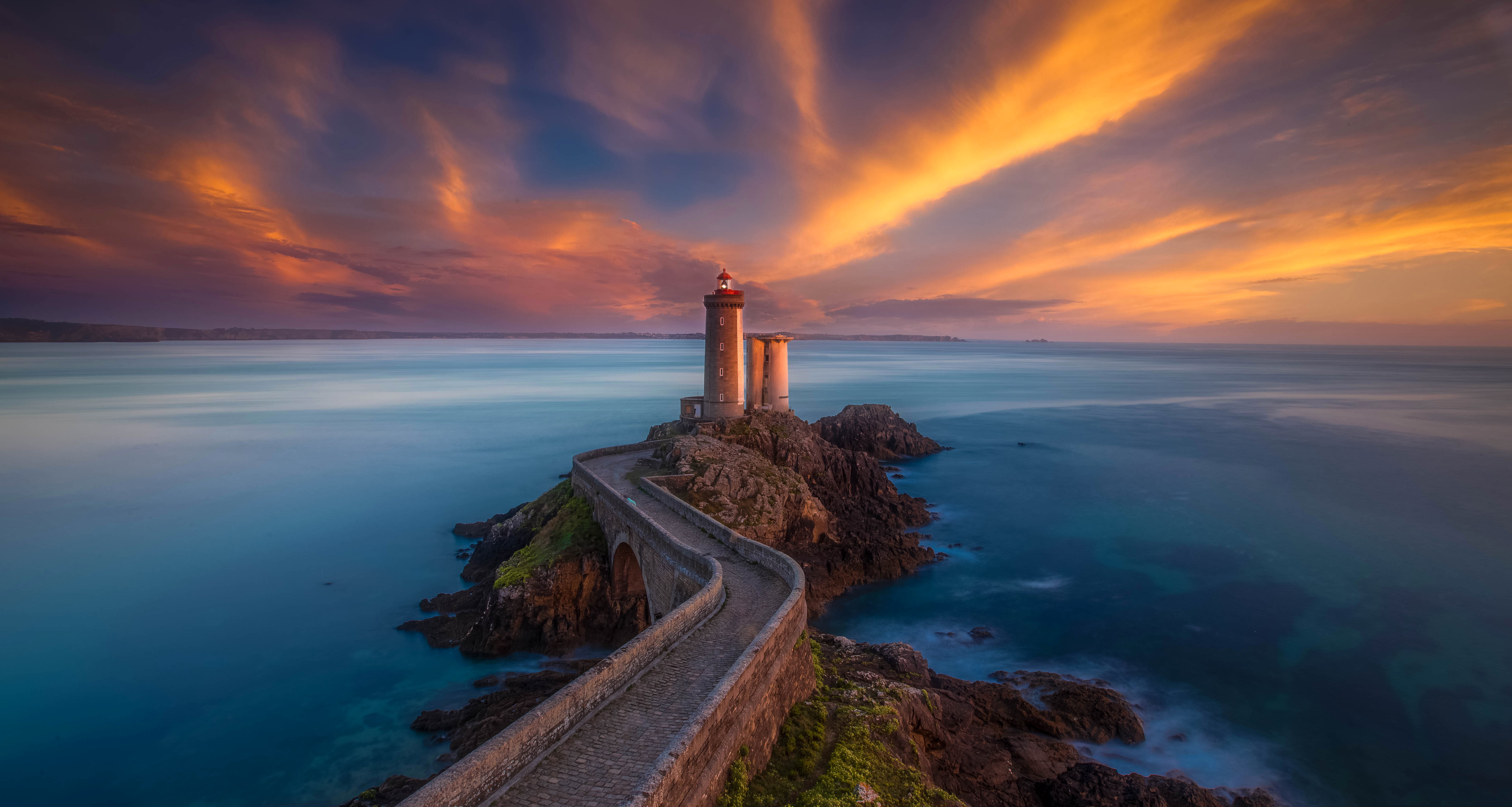 sea, 5K, illustration, lighthouse, glow, Brittany, tower, Phare du Petit Minou, France, clouds, HD Wallpaper