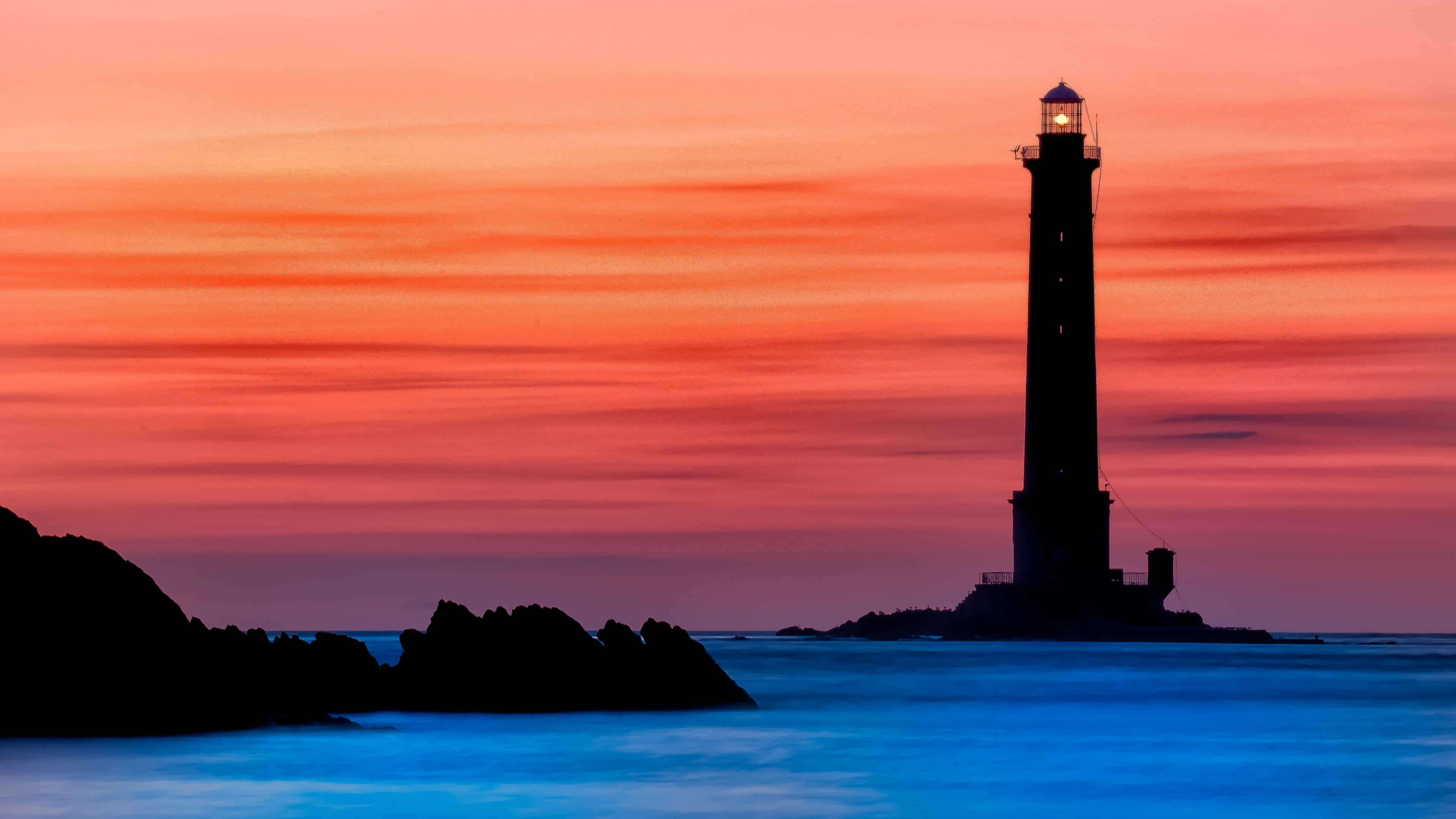 silhouette, waterfront, sky, sea, built structure, nature, calm, outdoors, tranquility, ocean, normandie, beauty in nature, sunset, cloud - sky, lighthouse, HD Wallpaper