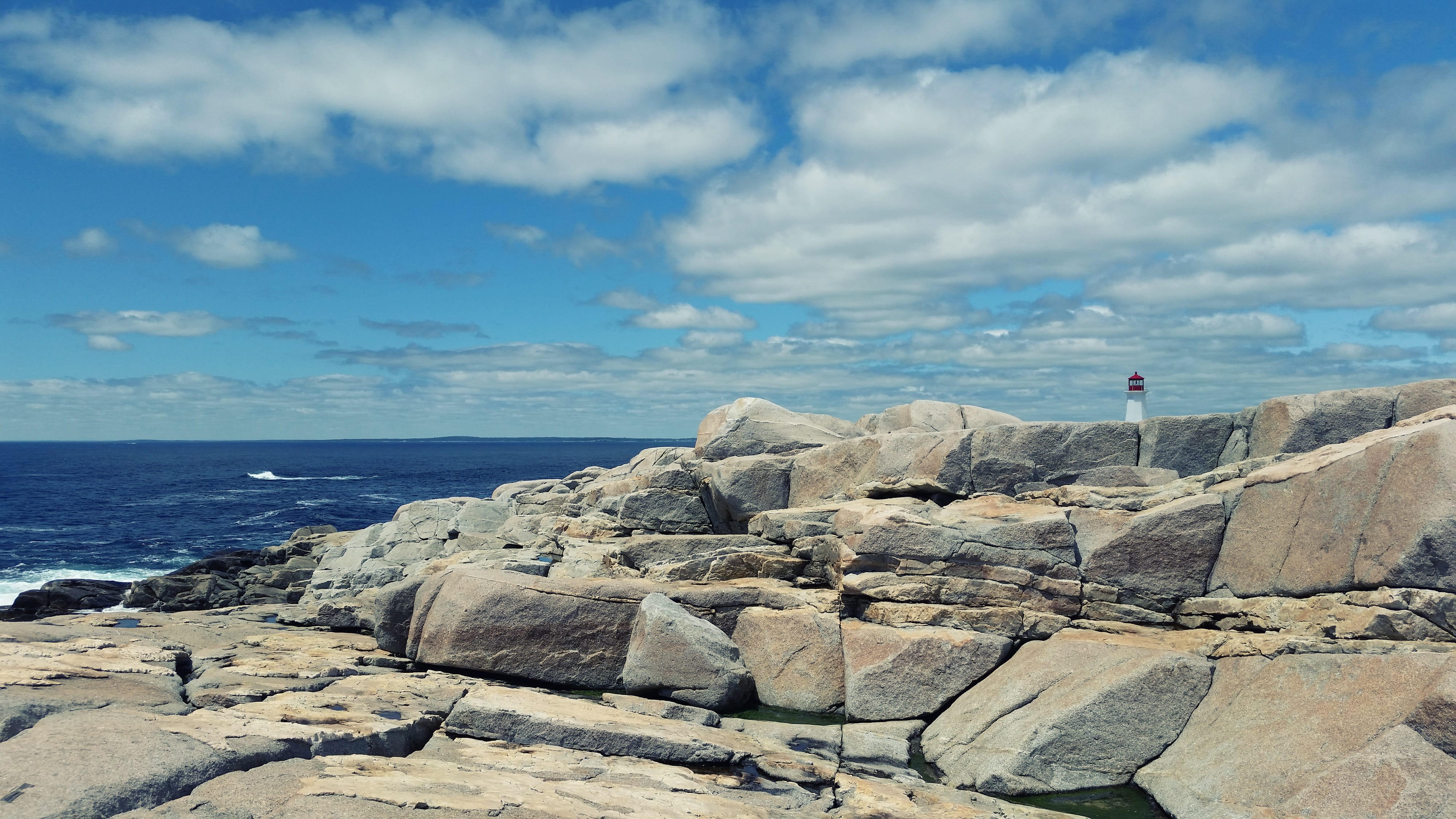 scenics - nature, rock, tranquility, 4K, groyne, solid, cloud - sky, horizon, tranquil scene, sea, PeggyS Cove, roches, water, rock formation, rocky, sky, HD Wallpaper