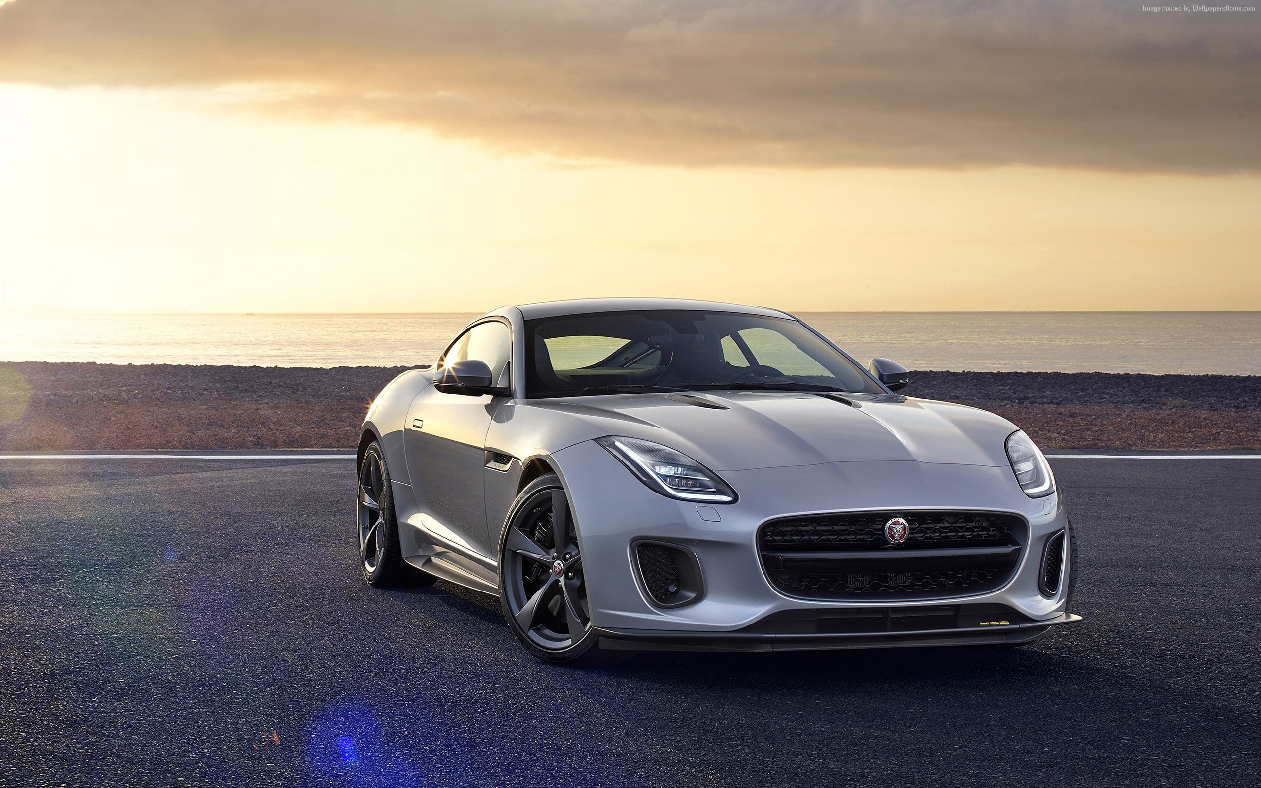 horizon, roadster, land vehicle, Jaguar F-TYPE, reflection, best cars, sunset, mode of transportation, beach, sky, transportation, luxury, nature, 2K, HD Wallpaper