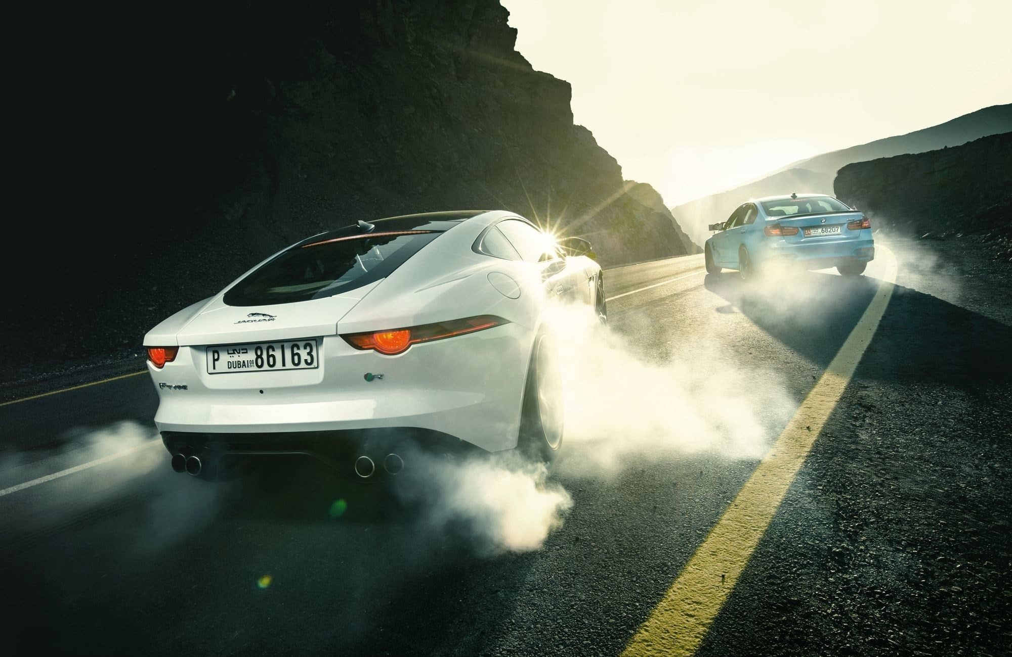smoke, M3, bmw, type, m, cars, Jaguar, F-Type R, f, Drifting, rear, sports, 1080P, r, HD Wallpaper