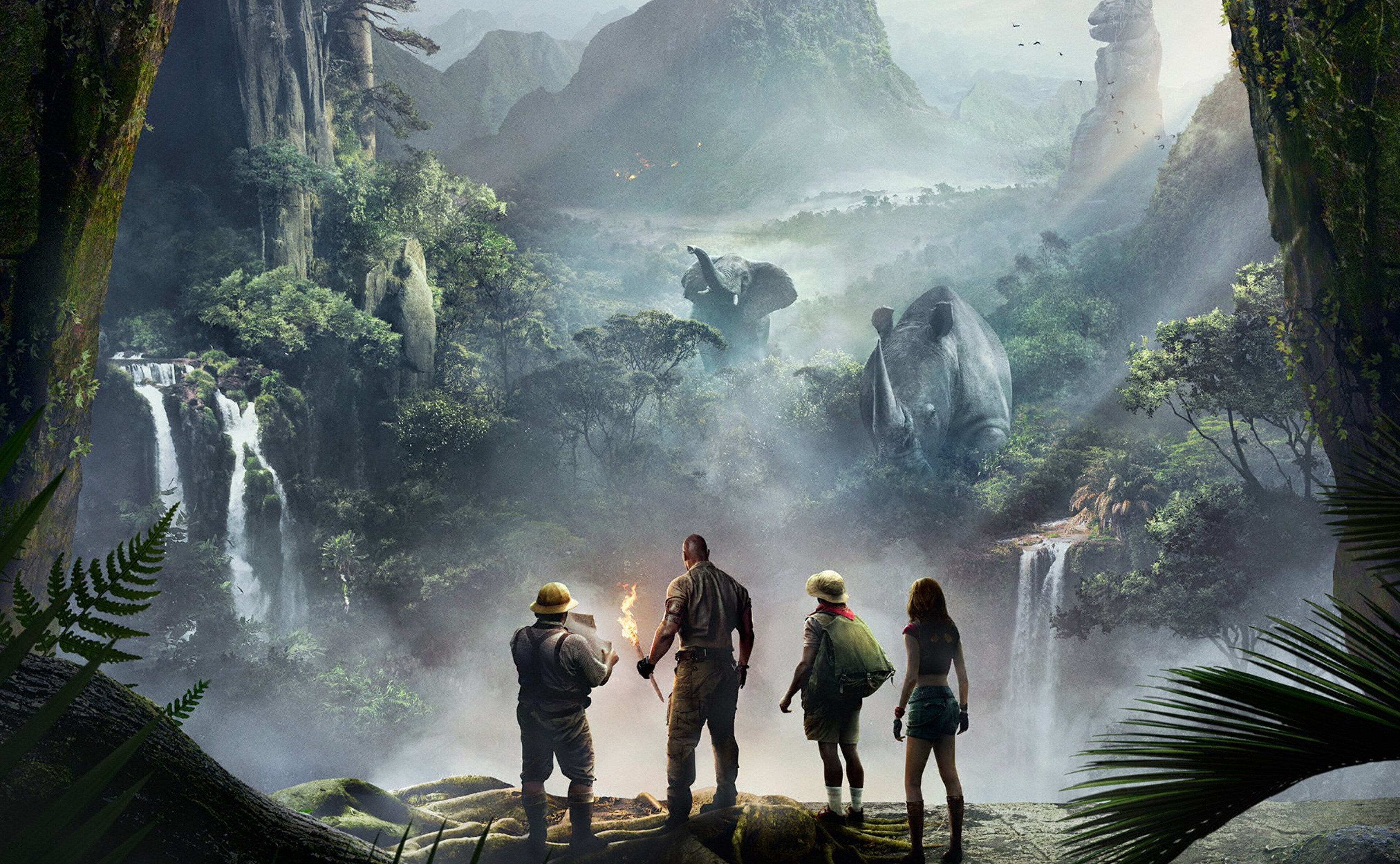 jumanji welcome to the jungle 4k hd high quality, adult, group of people, travel, environment, forest, 4K, fog, solid, tree, rainforest, men, scenics - nature, HD Wallpaper