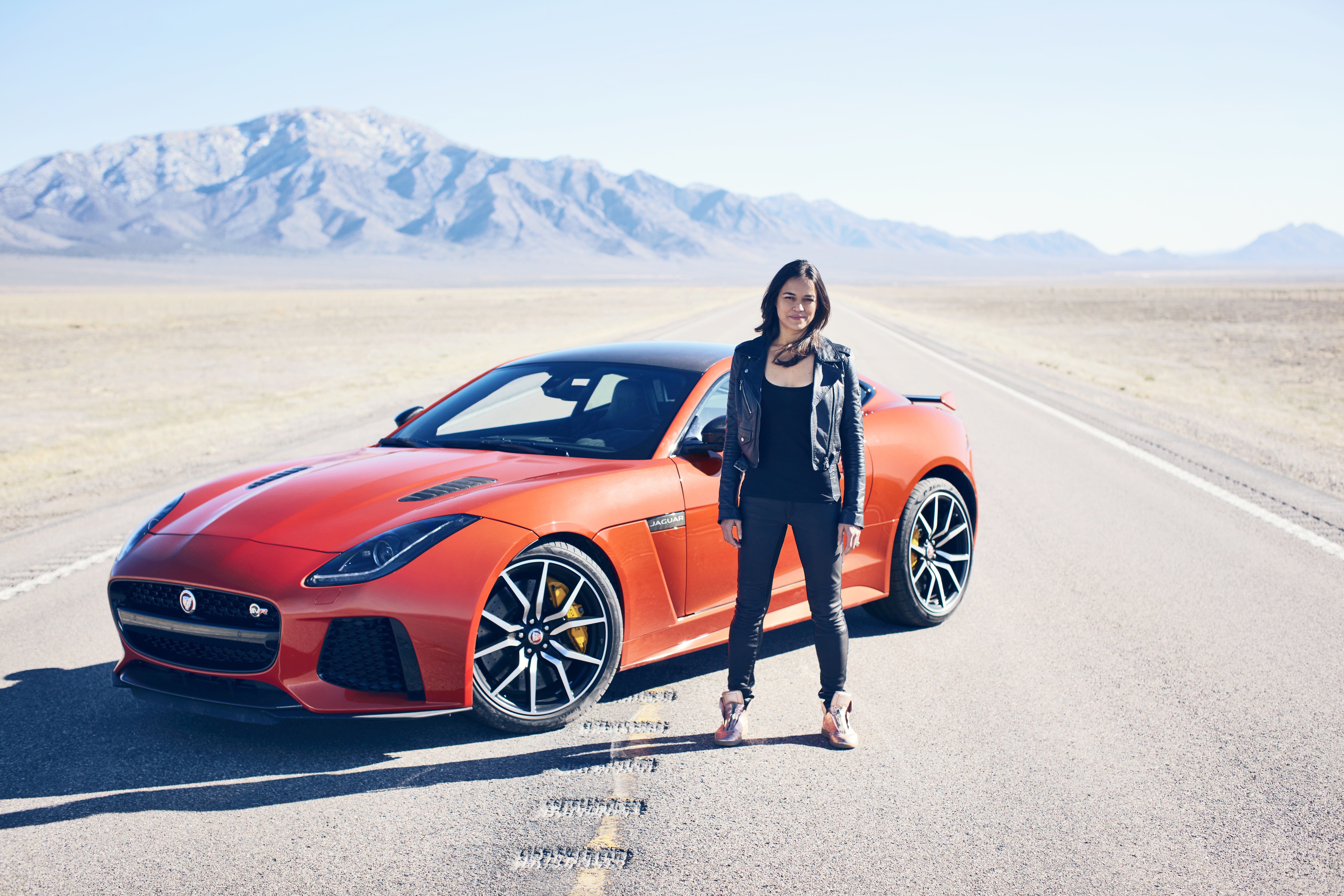 8k, females, convertible, motor vehicle, mountain, mid adult, sunlight, desert, mode of transportation, road, car, hd, celebrities, adult, jaguar, contemplation, HD Wallpaper