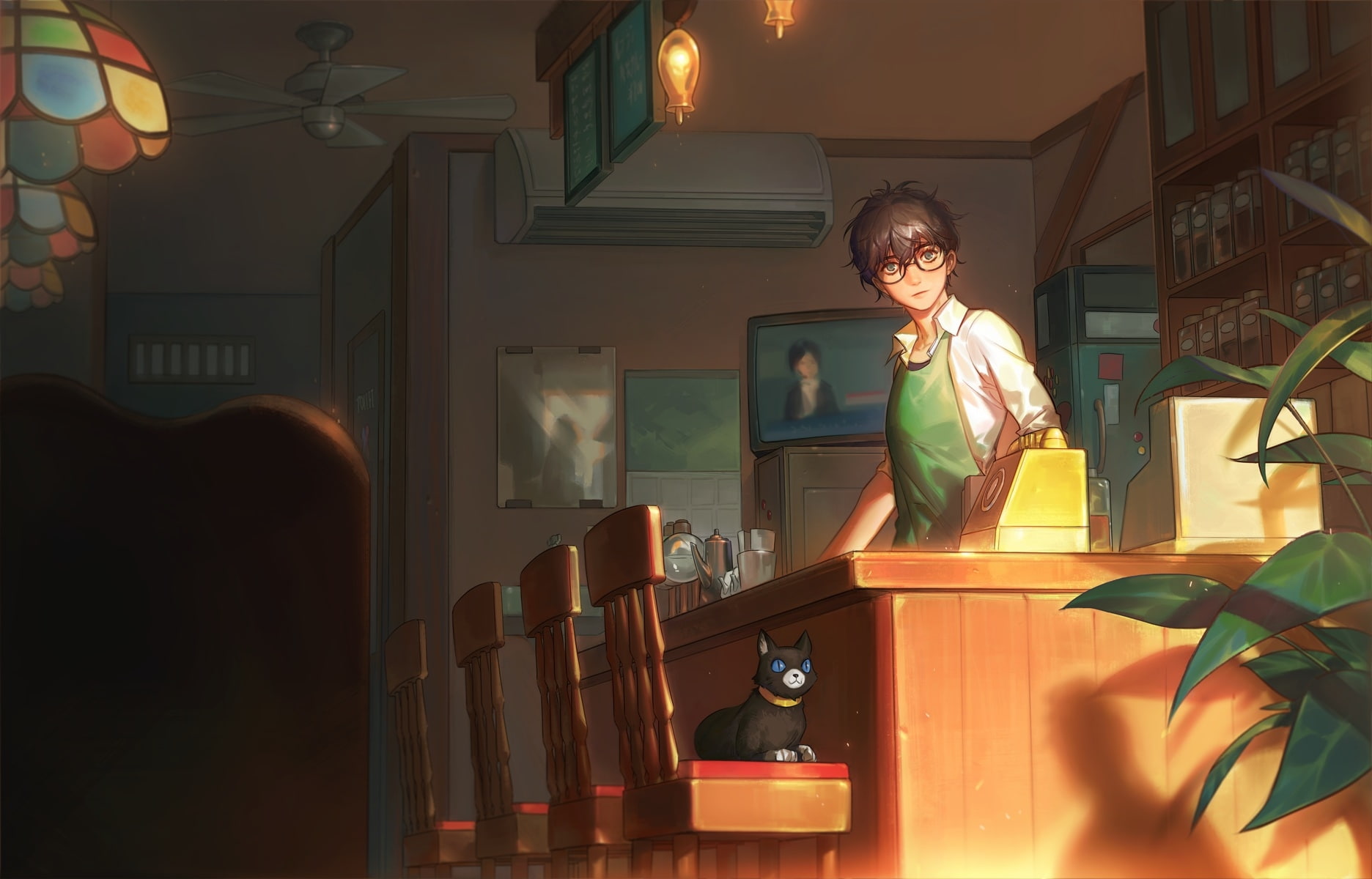 morgana, seat, indoors, men, illuminated, 720P, glasses, males, anime boy, casual clothing, Anime, persona 5, table, home interior, lifestyles, neko, domestic room, HD Wallpaper