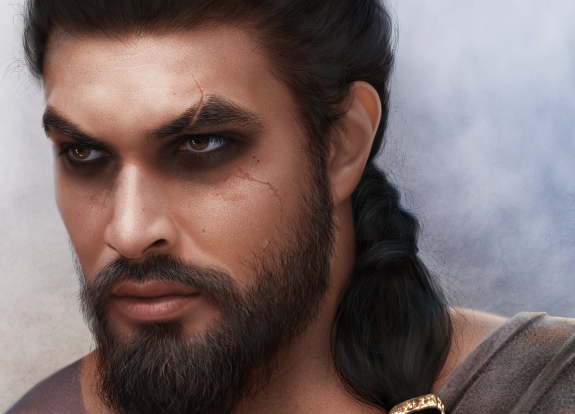 young adult, close-up, Jason Momoa, tv series, one person, contemplation, warrior, fantasy art, 1080P, facial hair, human face, lifestyles, looking at camera, HD Wallpaper