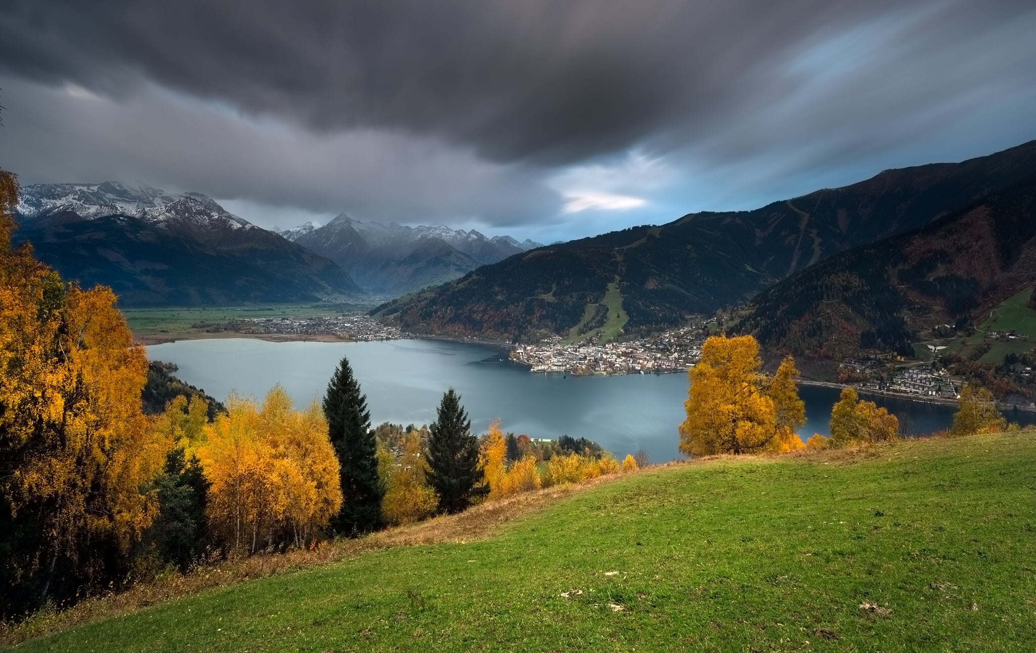 grass, water, sky, change, mountains, cloud - sky, tranquility, non-urban scene, mountain range, Alps, outdoors, Lake Zell, panorama, landscape, 1080P, HD Wallpaper