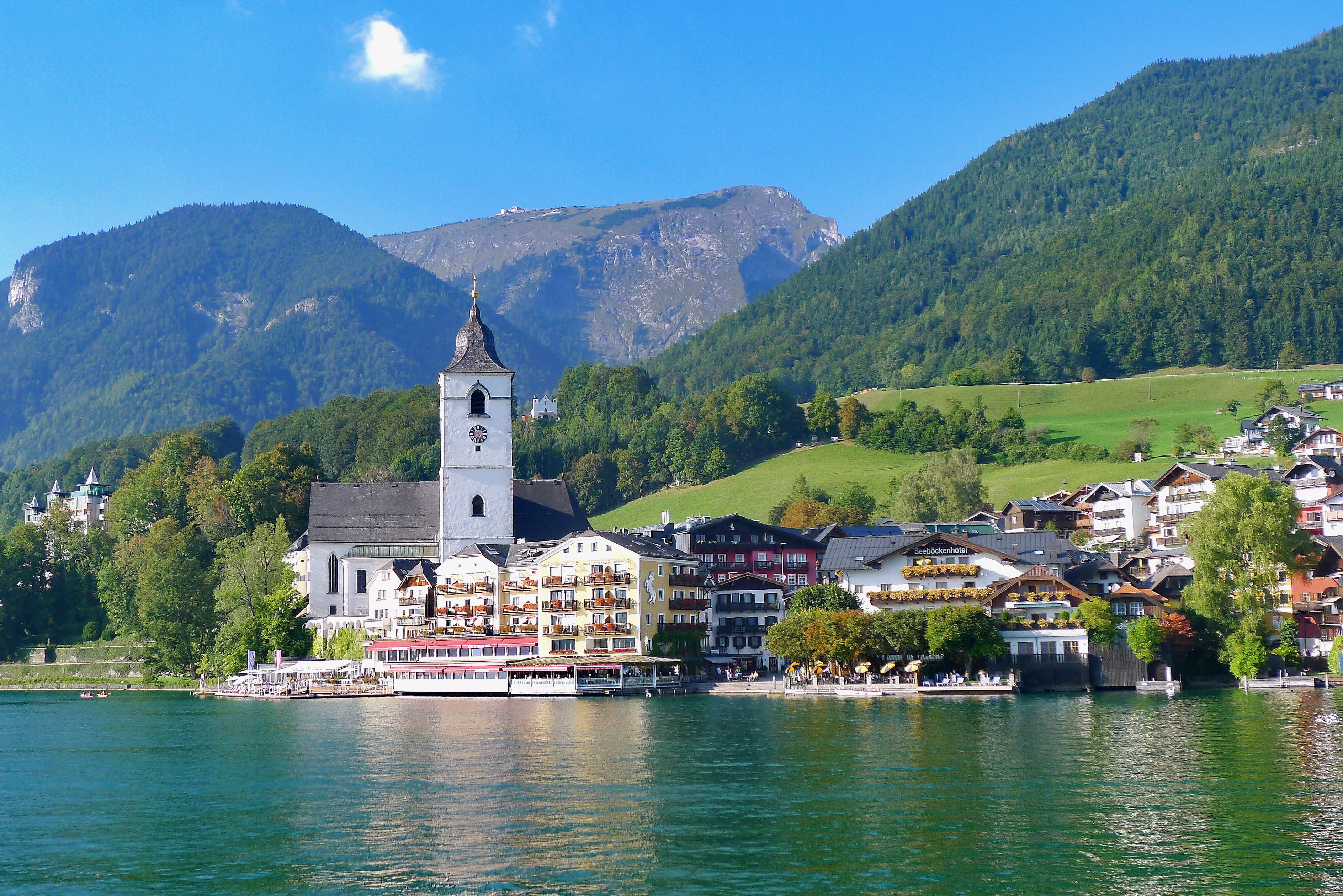 landscape, nature, building exterior, place of worship, 2K, place, tree, outdoors, building, mountains, mountain range, religion, lake, travel destinations, HD Wallpaper