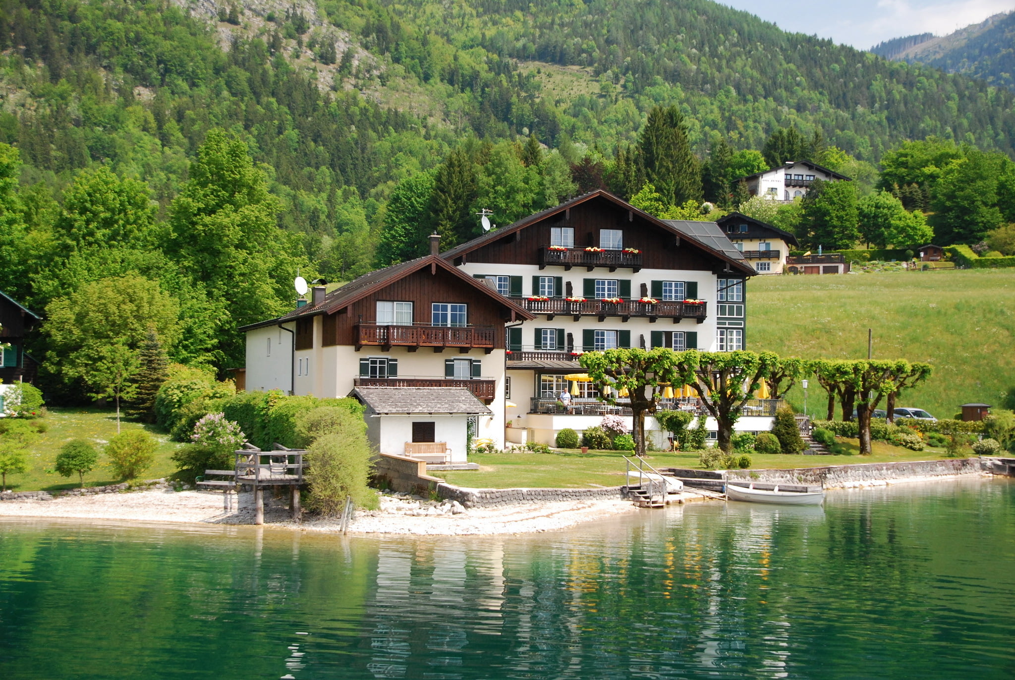 luxury, travel Destinations, europe, building Exterior, architecture, mountain, tranquil Scene, chalet, blue, outdoors, 1080P, nature, river, built Structure, HD Wallpaper