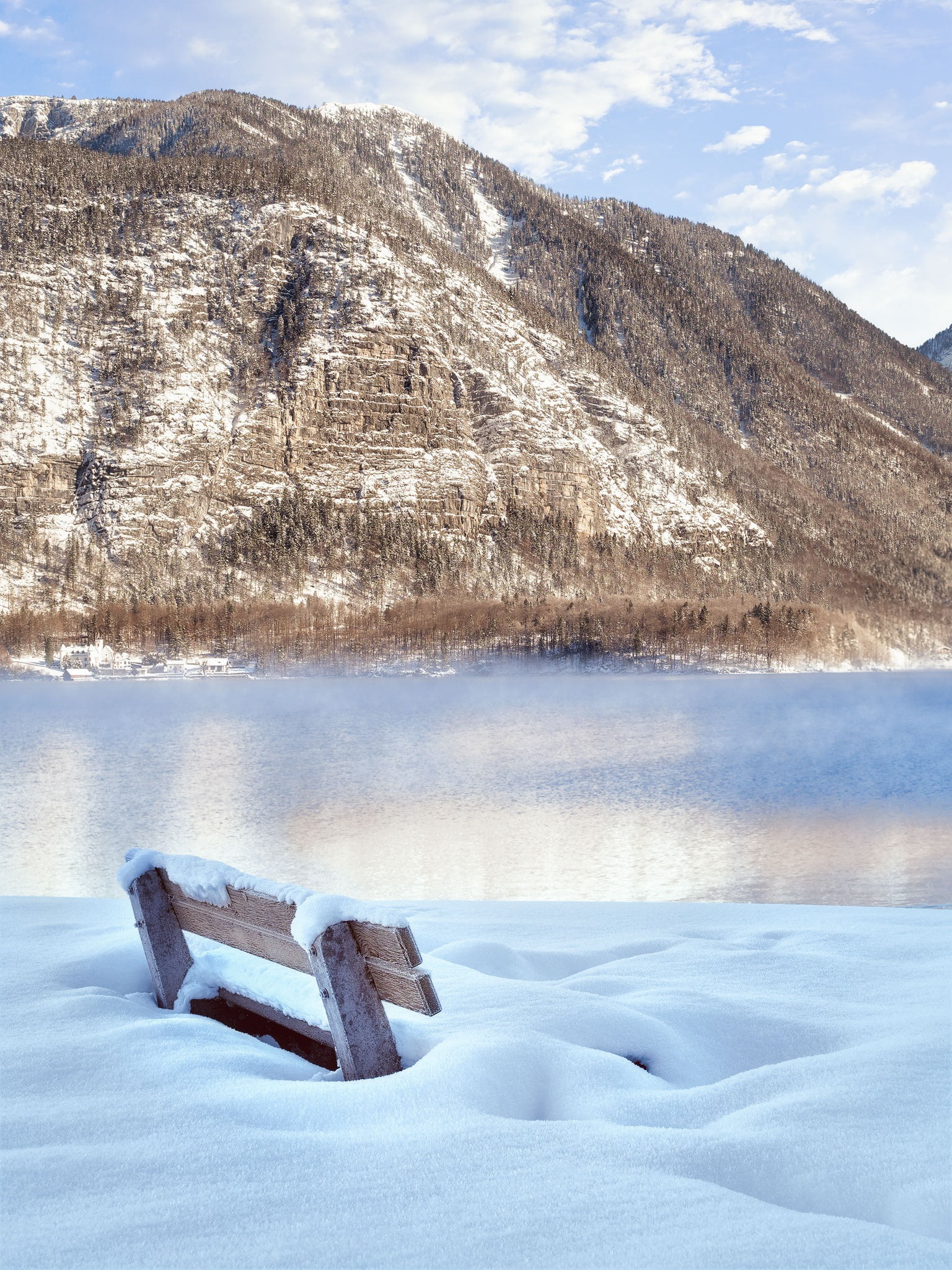 lonely, no people, frost, frozen, snowy, water, seat, mountain, day, ice, bench, tree, idyllic, snowed in, bank, snow, scenics - nature, silent, wintry, Phone HD Wallpaper