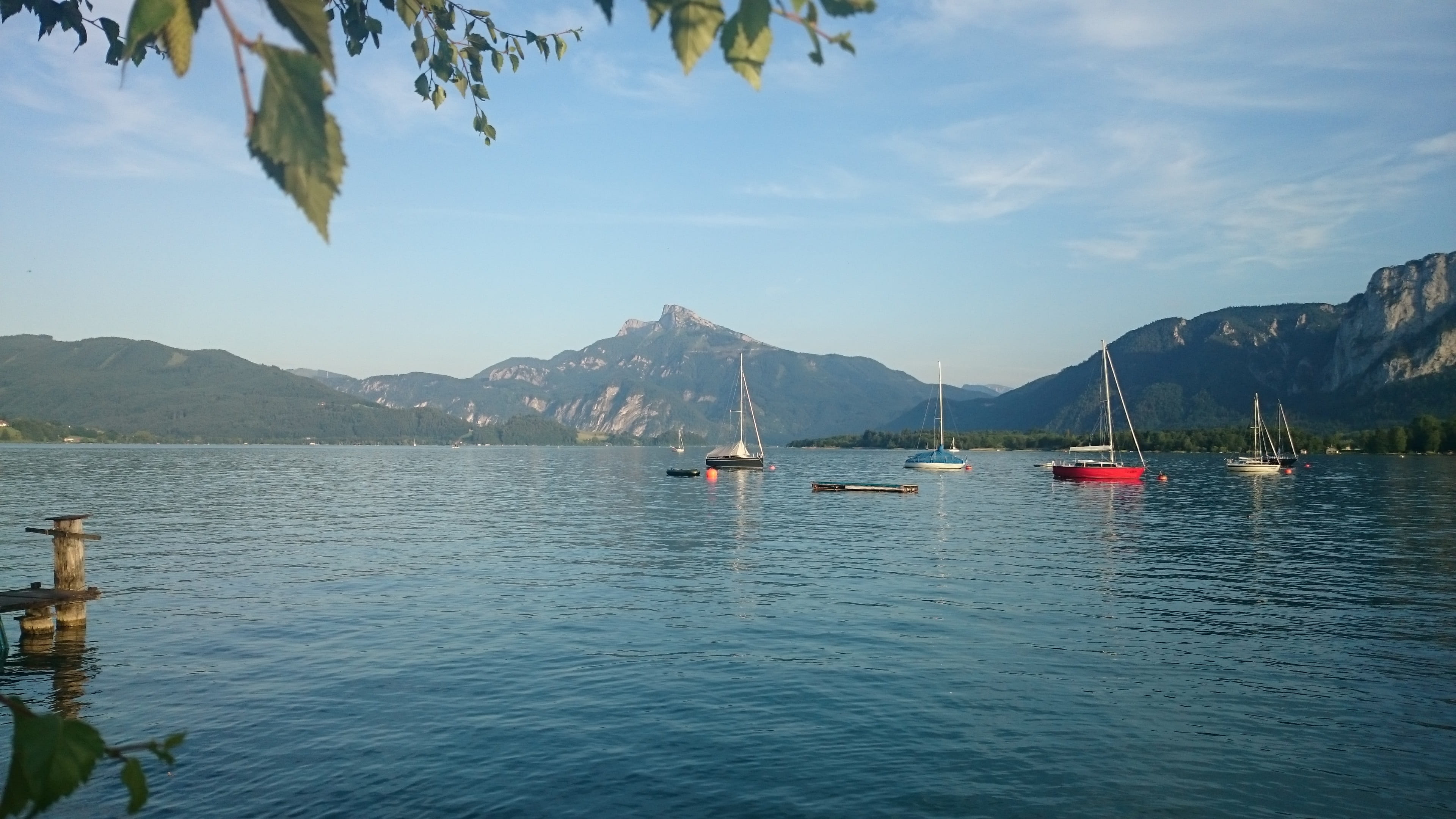salzkammergut, nautical vessel, sea, mondsee, water, no people, transportation, mountain, austria, tree, tranquil scene, sailboat, plant, 4K, mode of transportation, HD Wallpaper