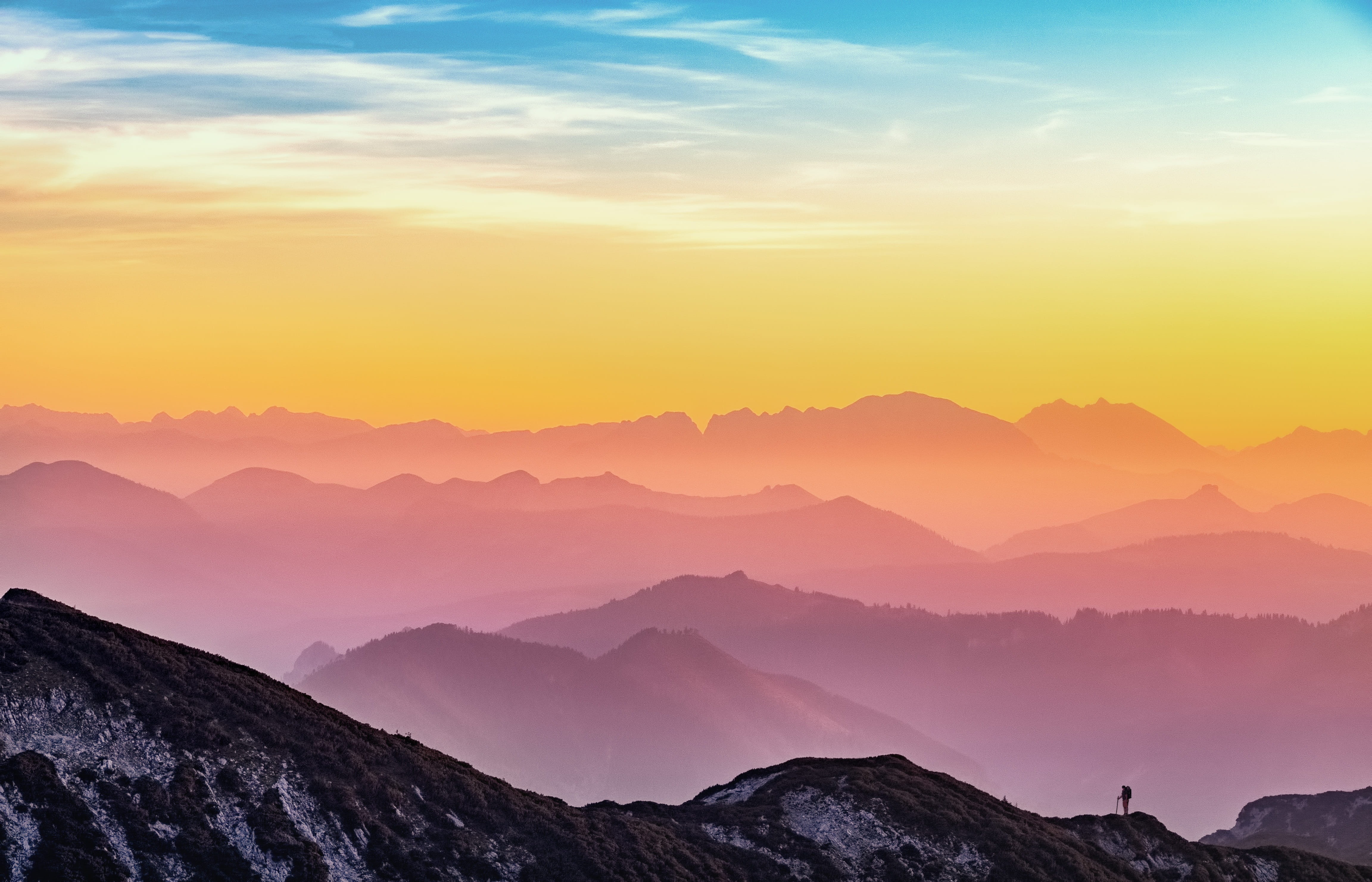 tranquil scene, hiking, sky, scenics - nature, 4K, alpine, sunlight, tranquility, colorful, color palette, no people, human, idyllic, outdoors, mountains, HD Wallpaper