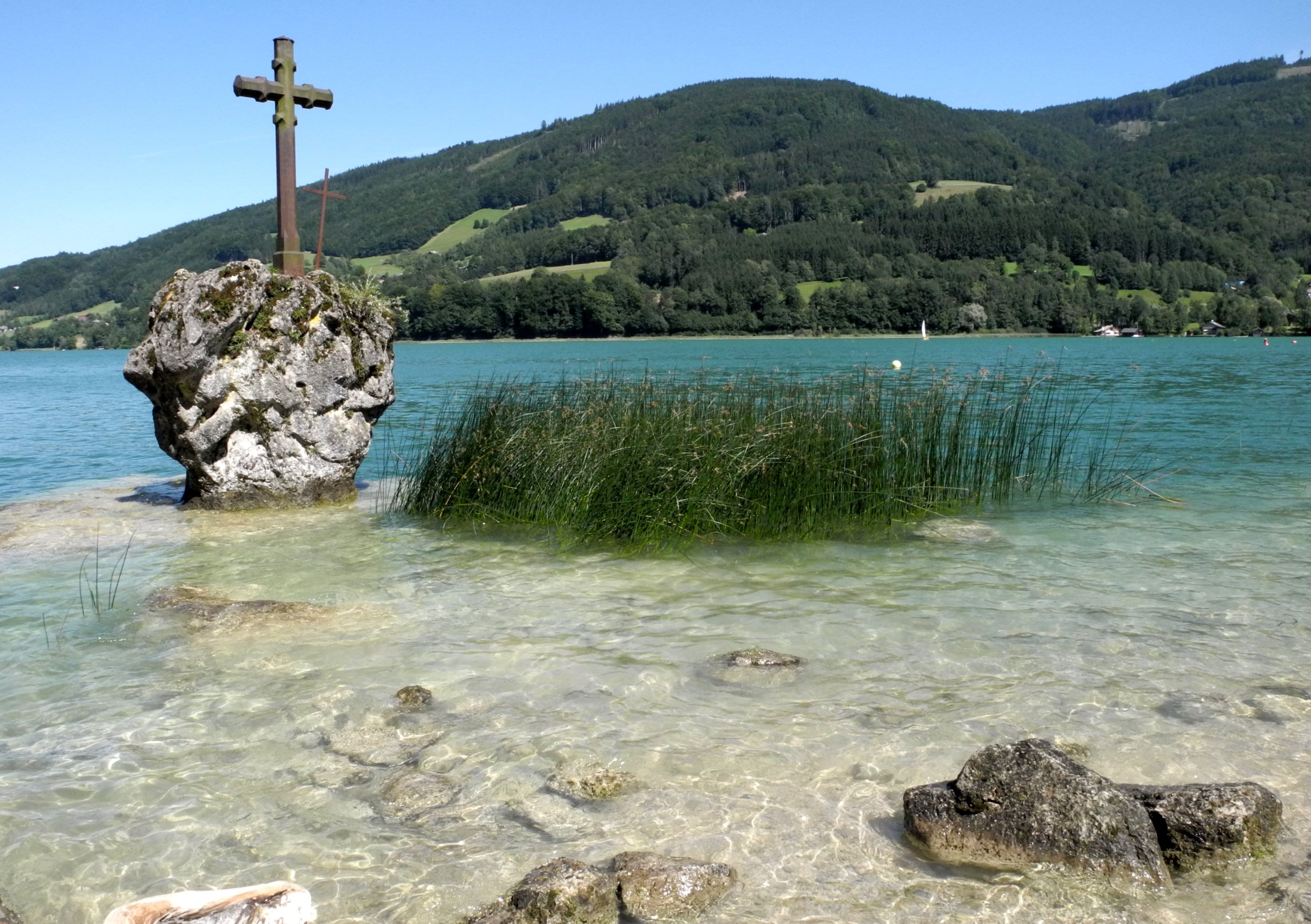 belief, municipality of lunar lakes country, lake, austria, lakeside, landscape, spirituality, mountain, religion, rock, 2K, tranquil scene, day, nature, HD Wallpaper